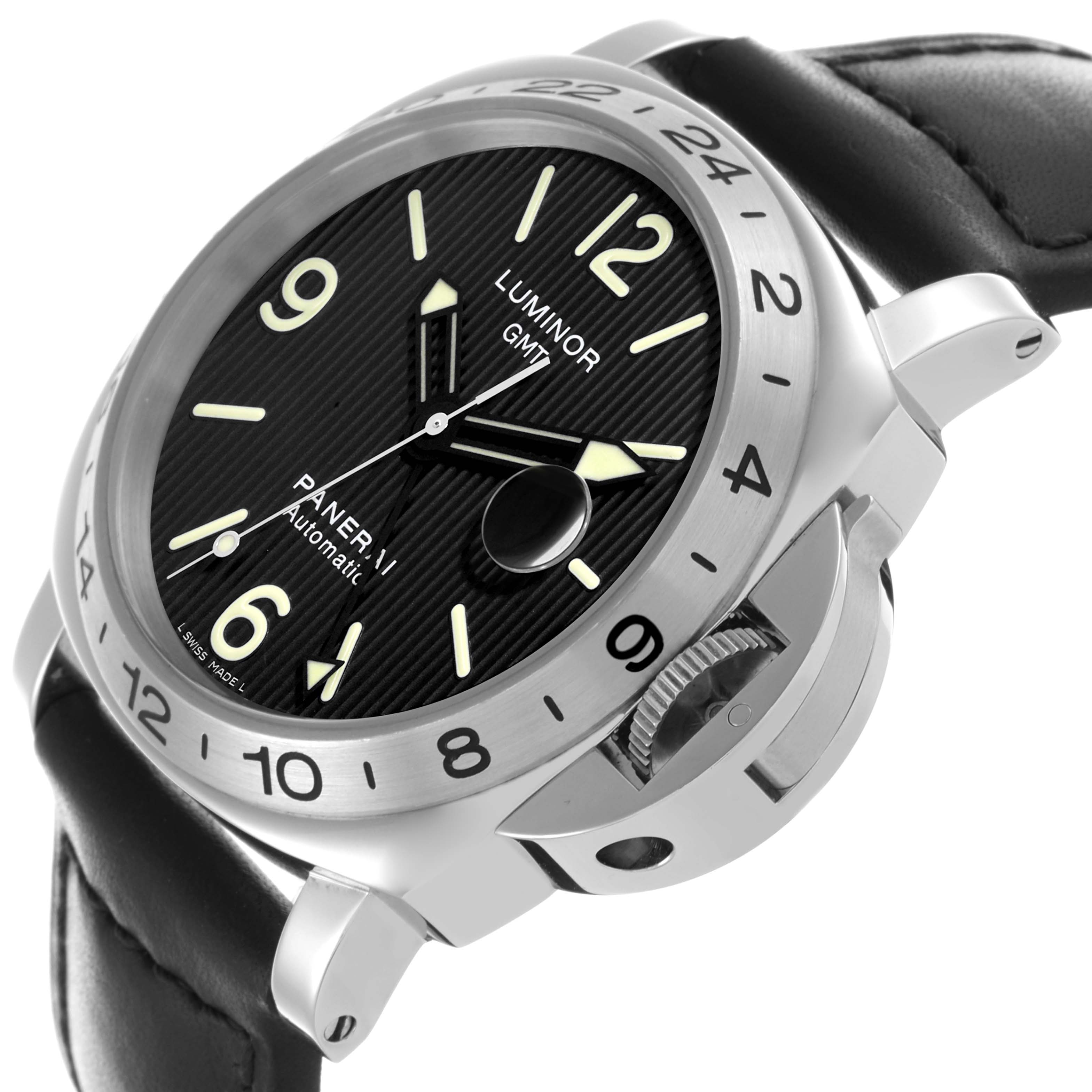 The Panerai Luminor PAM00029 Men's Stainless Steel Black Dial PAM00029 Men's Stainless Steel Black Dial GMT watch is shown at a slight angled side view, highlighting the black dial, hour markers, and crown guard.