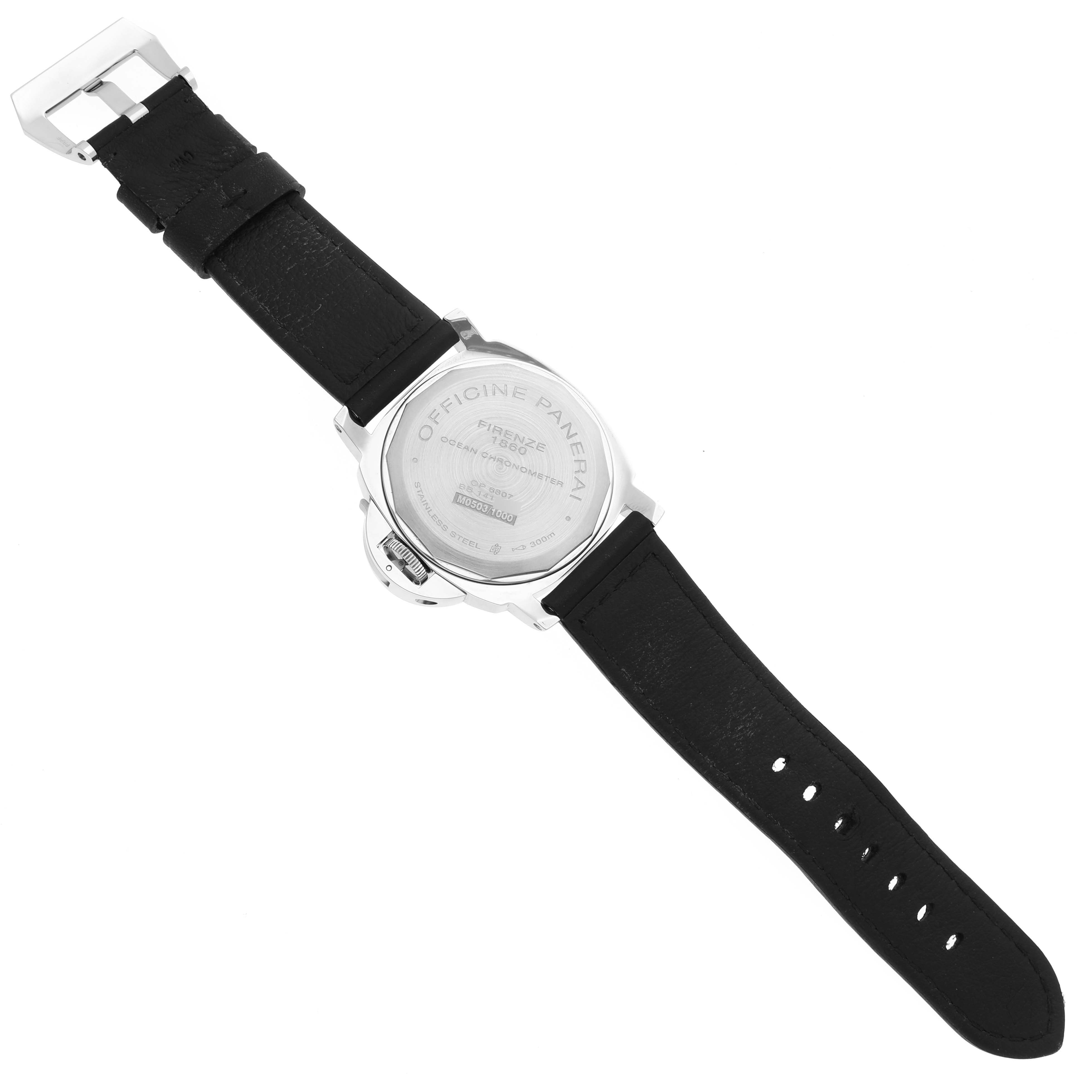 The image shows the back of a Panerai Luminor PAM00029 Men's Stainless Steel Black Dial PAM00029 Men's Stainless Steel Black Dial watch, highlighting the case back, strap, and buckle.