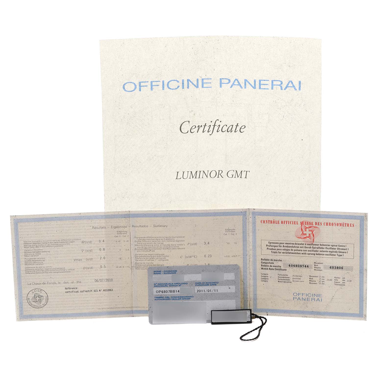 The image shows certificates and warranty cards for the Panerai Luminor PAM00029 Men's Stainless Steel Black Dial PAM00029 Men's Stainless Steel Black Dial GMT watch.