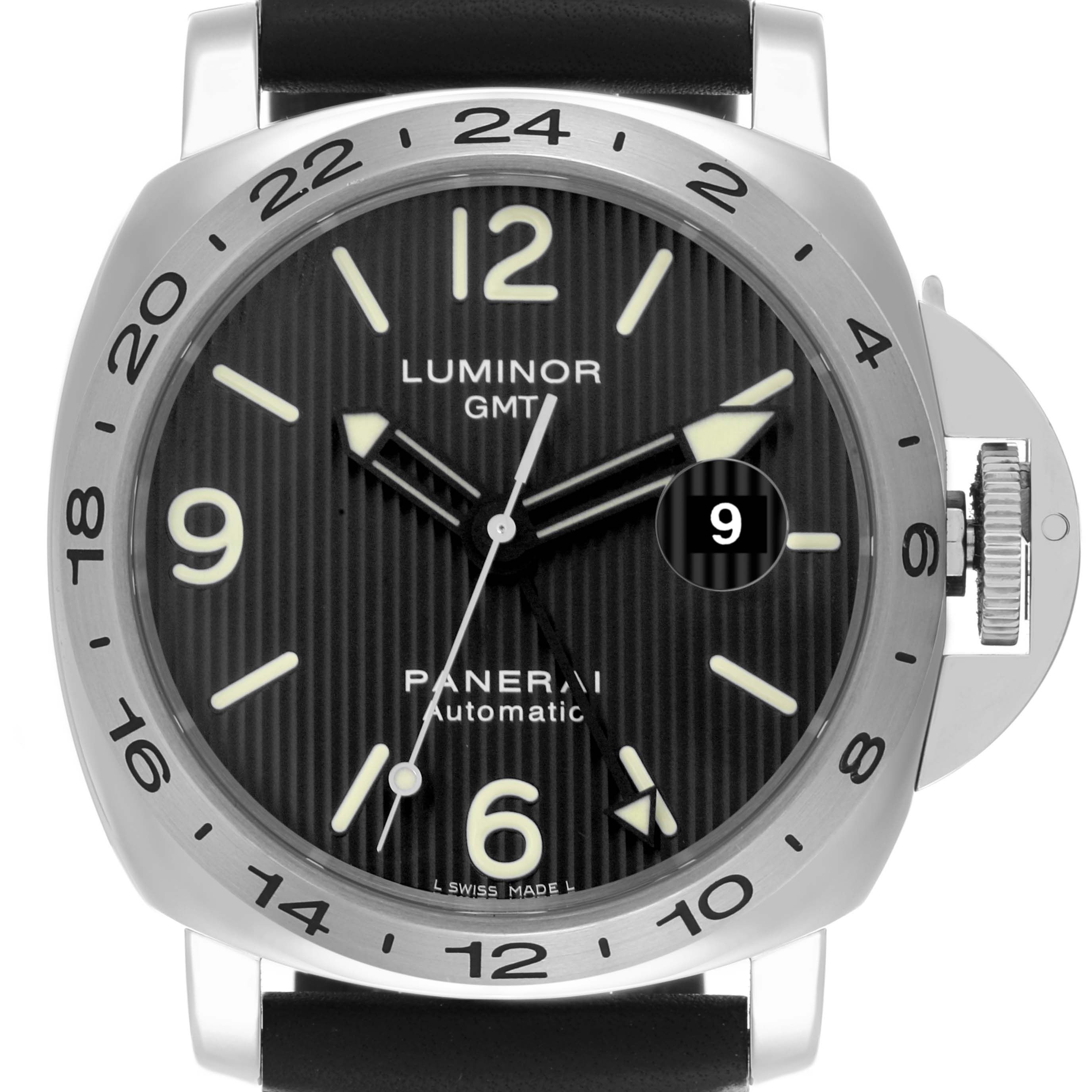The Panerai Luminor PAM00029 Men's Stainless Steel Black Dial PAM00029 Men's Stainless Steel Black Dial watch is shown from the front, highlighting the dial, bezel, and crown guard.