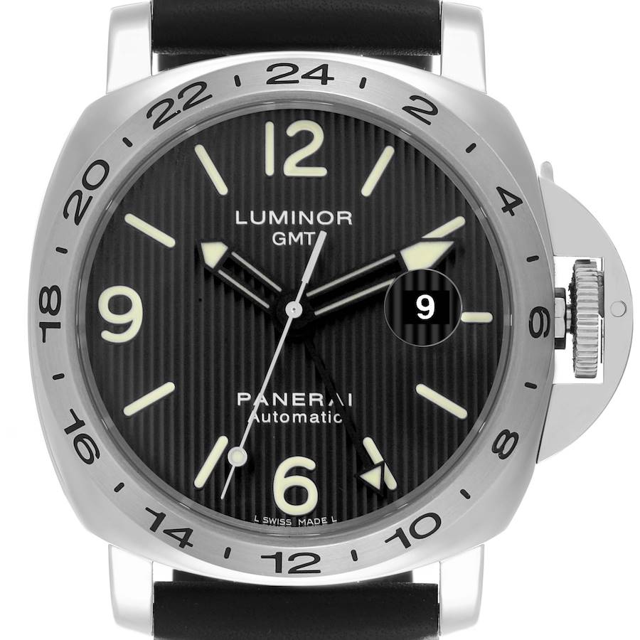 The Panerai Luminor watch is shown from the front, highlighting the dial, bezel, and crown guard.