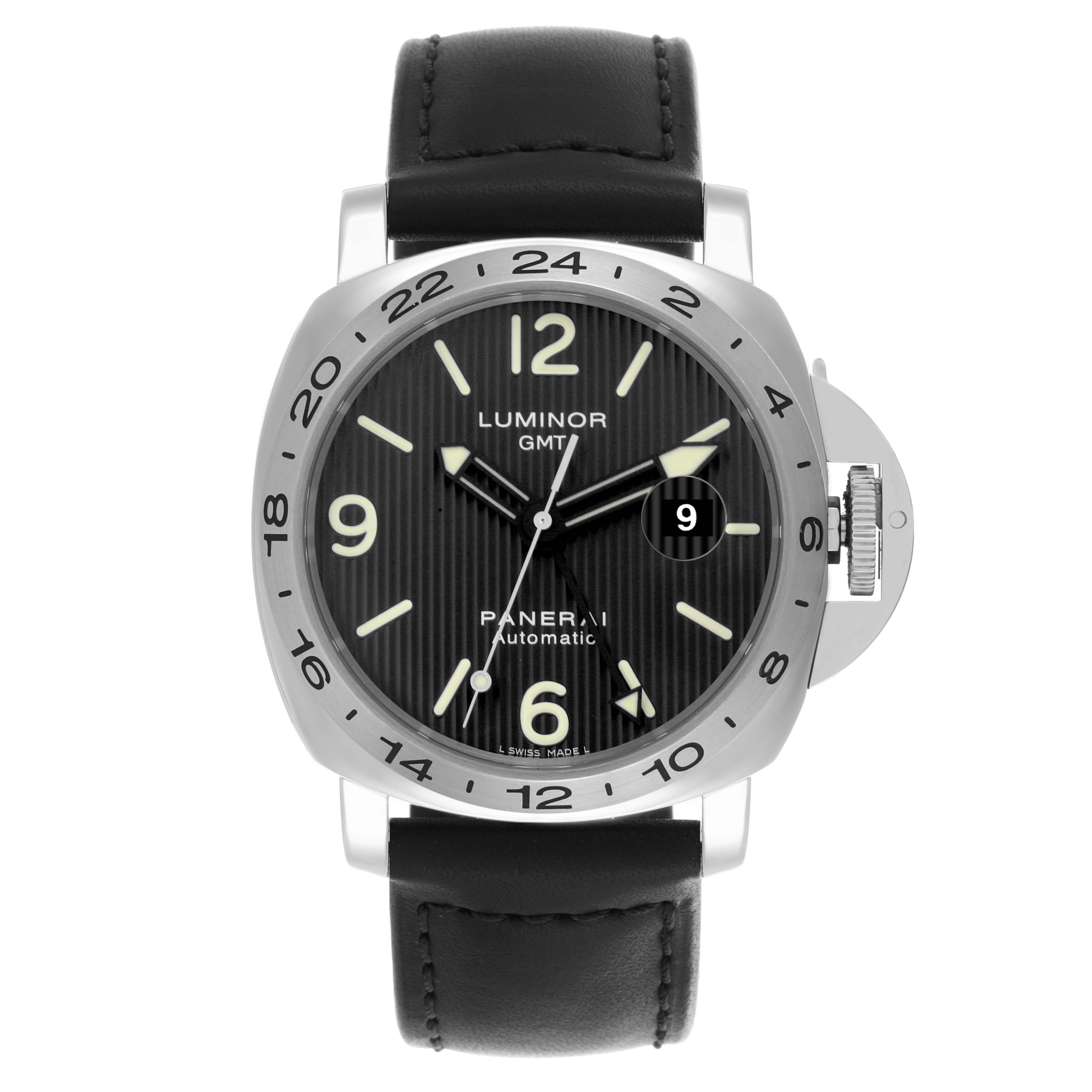 The Panerai Luminor PAM00029 Men's Stainless Steel Black Dial PAM00029 Men's Stainless Steel Black Dial watch is shown from a front angle, displaying the dial, bezel, crown, and strap.