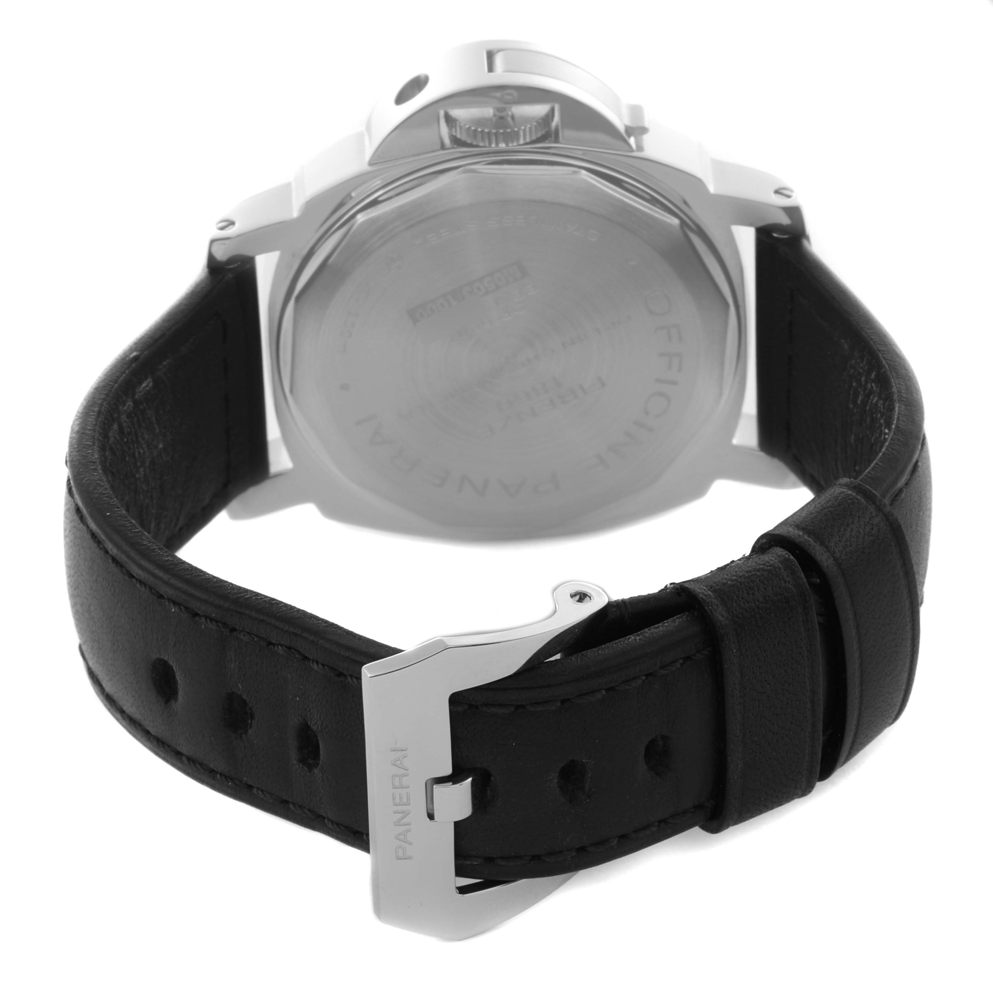The image shows the back view of a Panerai Luminor PAM00029 Men's Stainless Steel Black Dial PAM00029 Men's Stainless Steel Black Dial watch, focusing on the case back, crown guard, and leather strap with the clasp visible.
