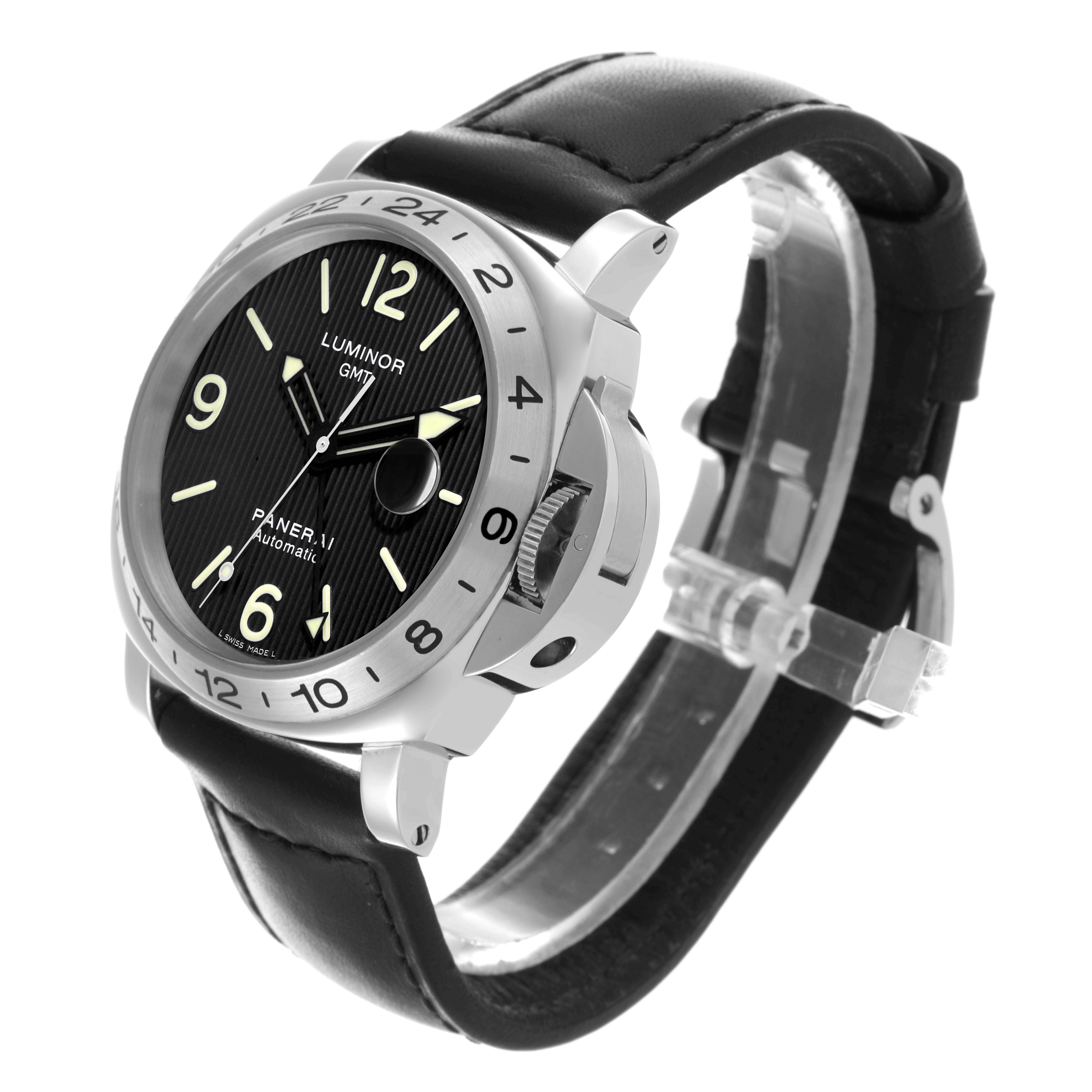 The Panerai Luminor PAM00029 Men's Stainless Steel Black Dial PAM00029 Men's Stainless Steel Black Dial watch is shown at a three-quarter angle, highlighting the face, bezel, crown guard, and leather strap.