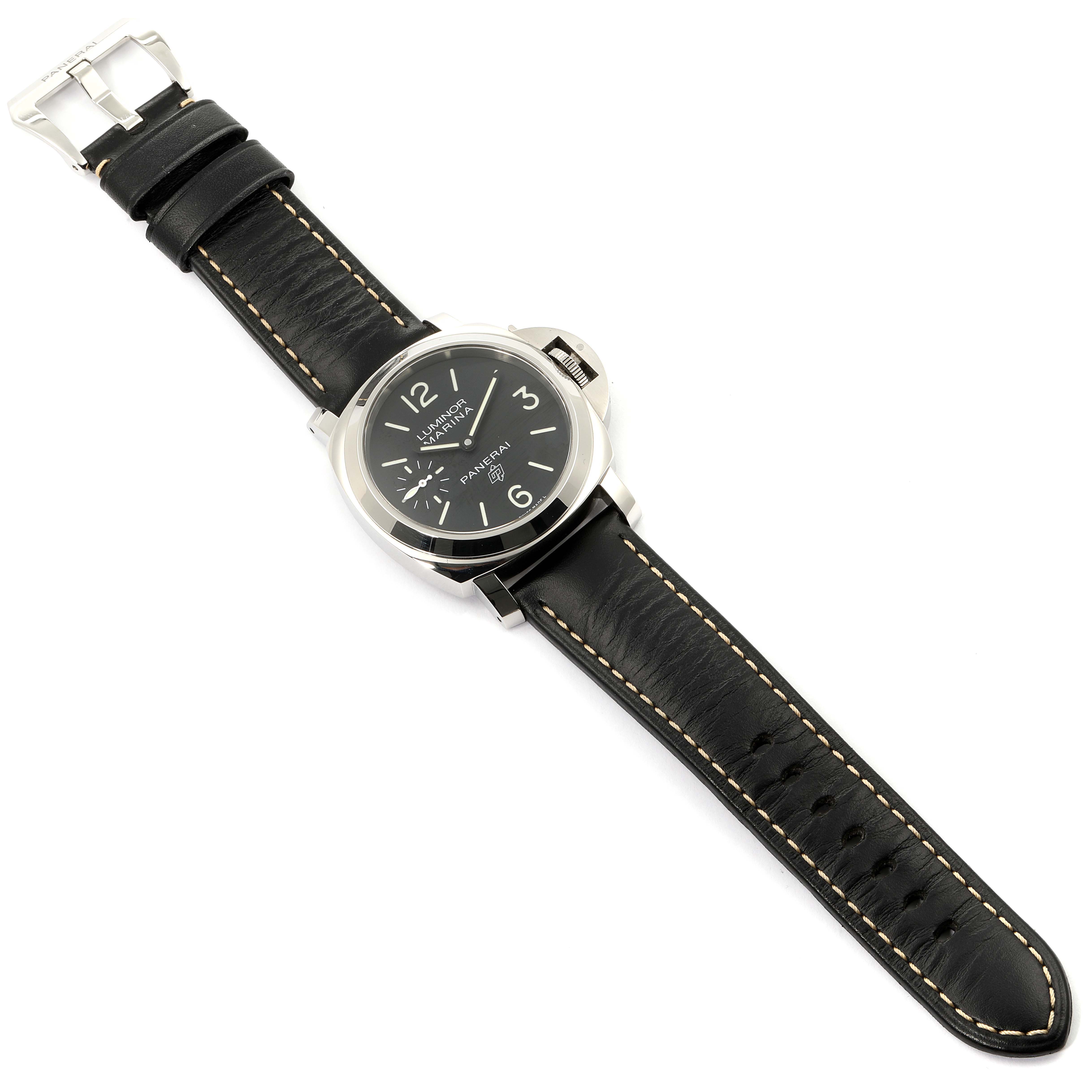 This image shows a top-down angle of a Panerai Luminor PAM00776 Men
s Stainless Steel Black Dial PAM00776 Men
s Stainless Steel Black Dial watch, displaying its black leather strap, dial, and case.