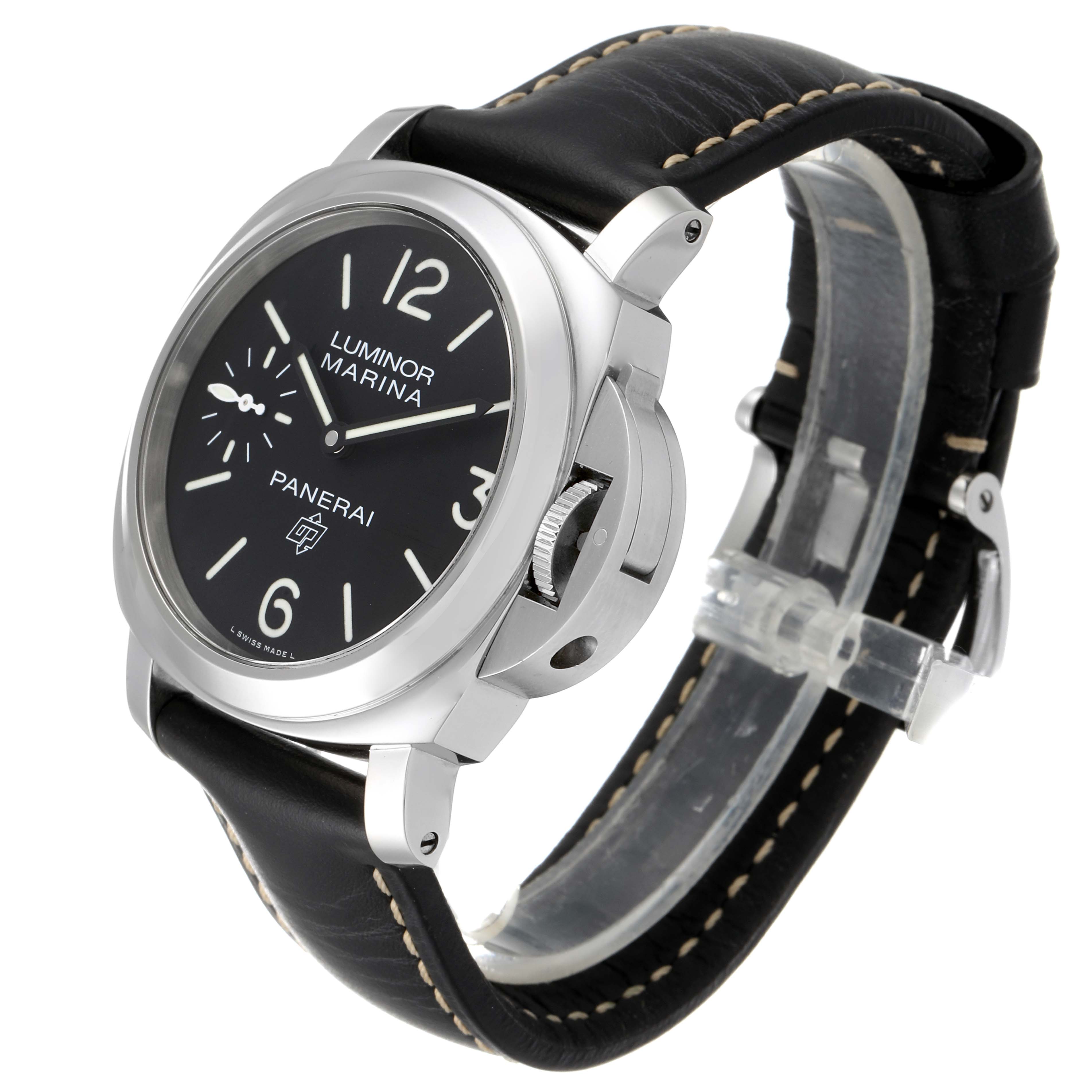 The image shows a Panerai Luminor PAM00776 Men
s Stainless Steel Black Dial PAM00776 Men
s Stainless Steel Black Dial watch from a three-quarter angle, highlighting the crown guard, dial, and leather strap.