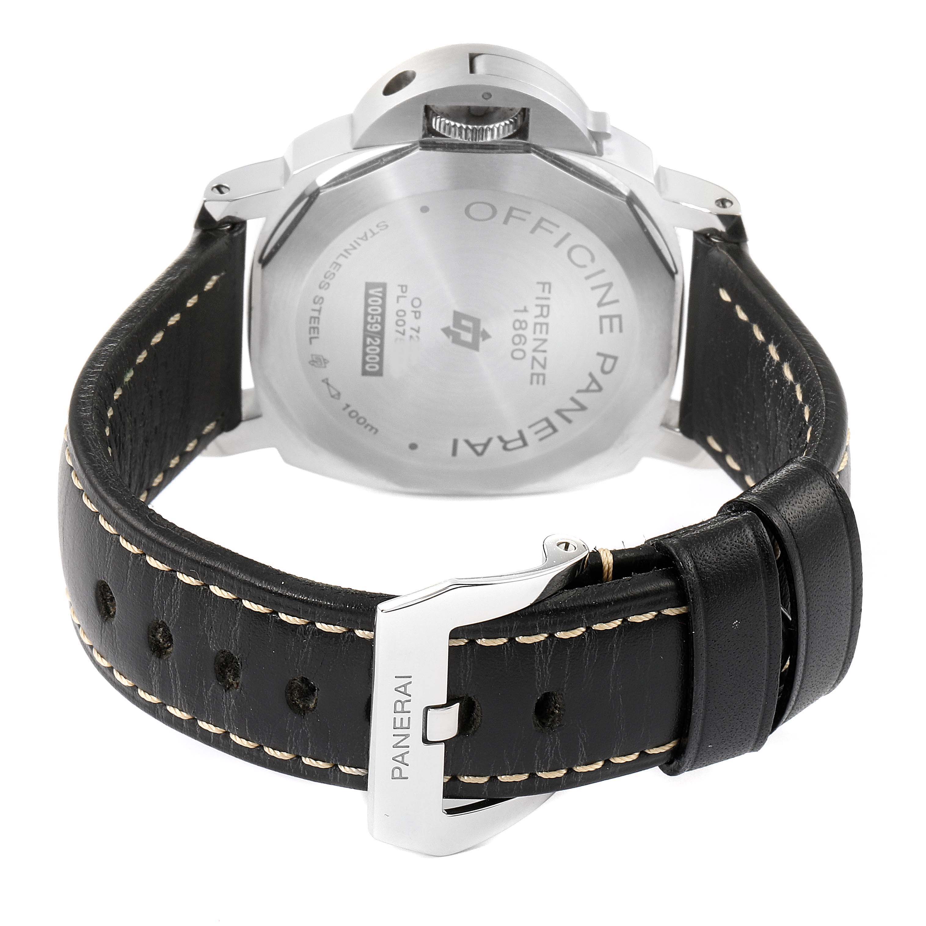 The image shows the back view of a Panerai Luminor PAM00776 Men
s Stainless Steel Black Dial PAM00776 Men
s Stainless Steel Black Dial watch, focusing on the case back and leather strap with buckle.