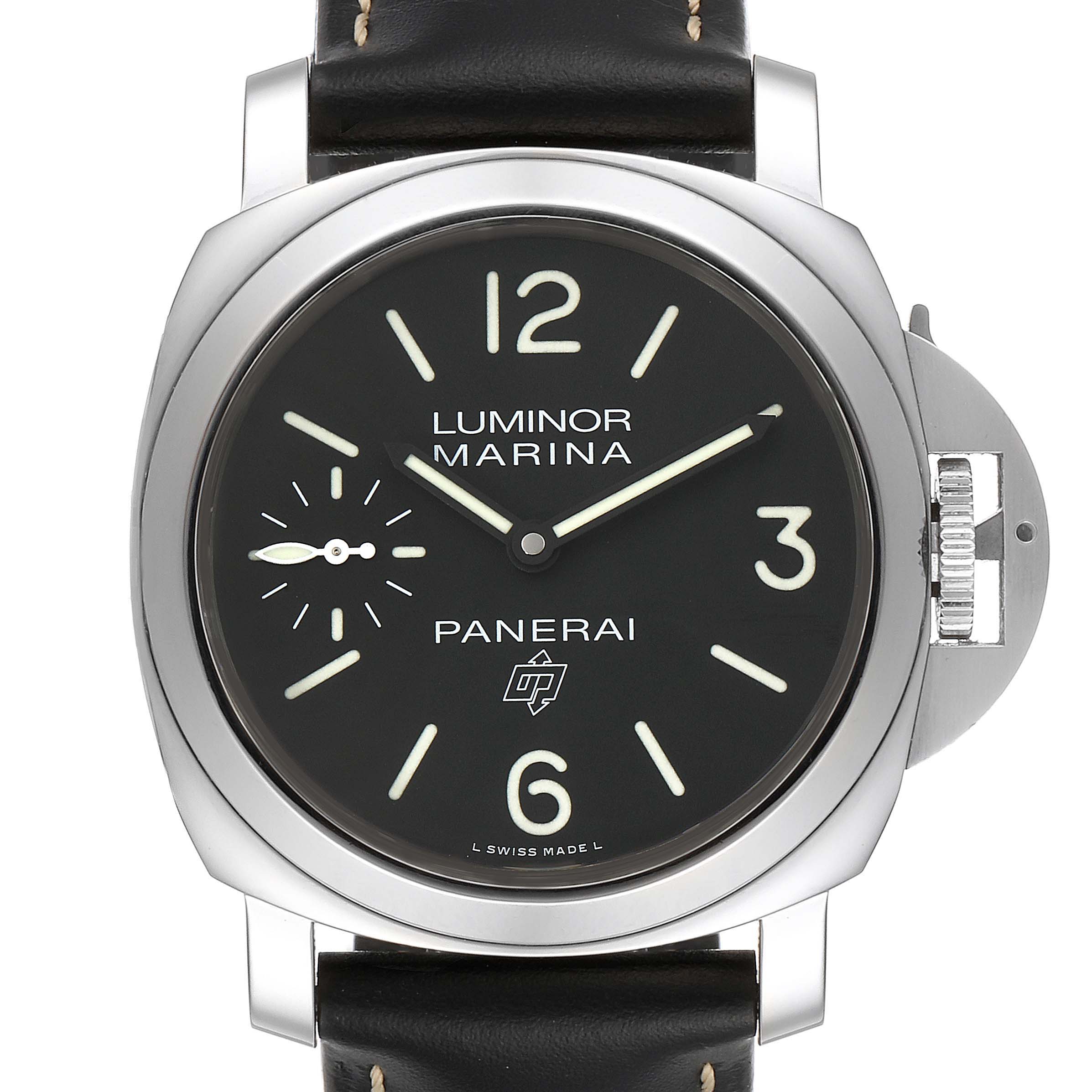 The image shows a front view of a Panerai Luminor PAM00776 Men
s Stainless Steel Black Dial PAM00776 Men
s Stainless Steel Black Dial Marina watch, displaying the dial, bezel, and crown guard.