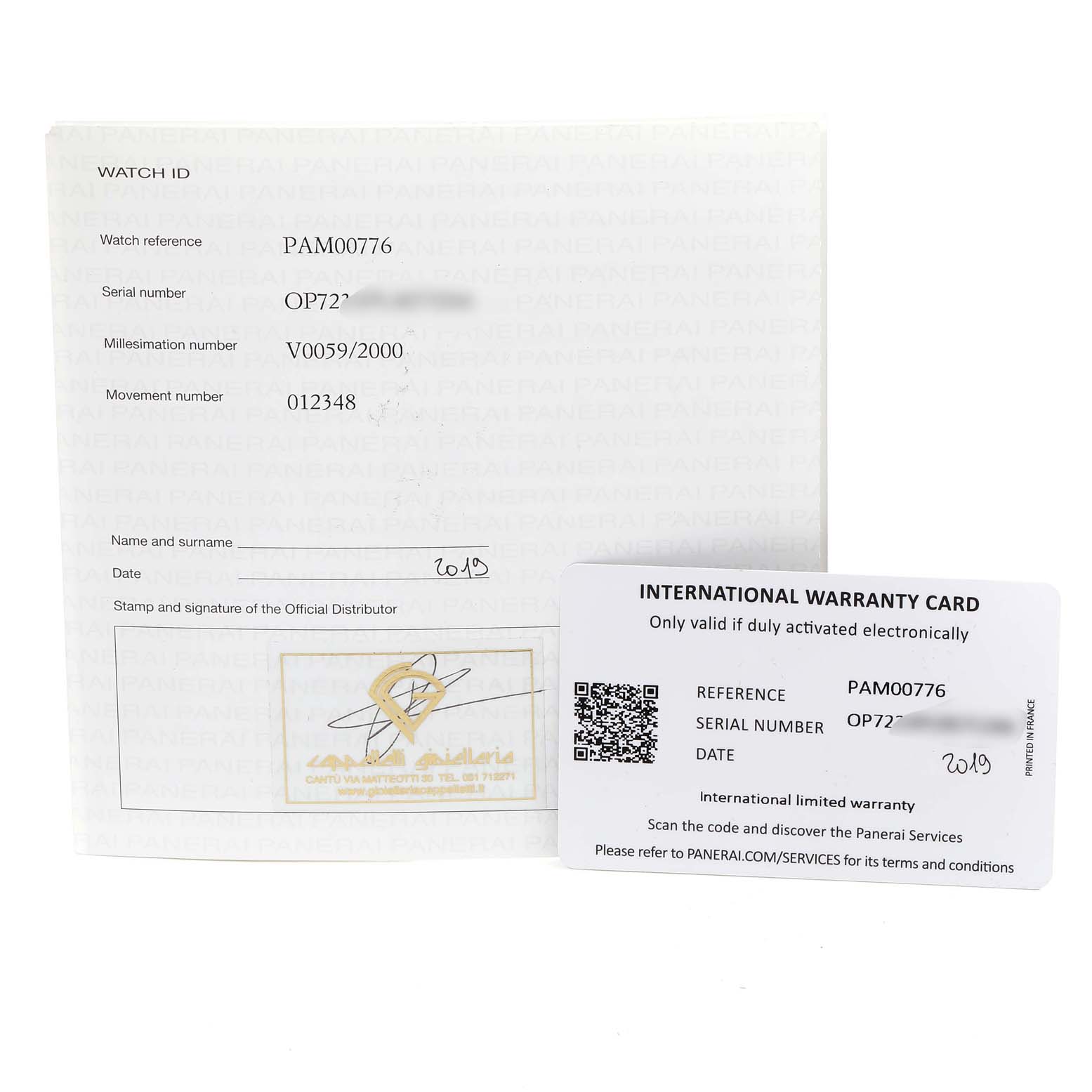 The image shows a flat, overhead view of the warranty documents and international warranty card for a Panerai Luminor PAM00776 Men
s Stainless Steel Black Dial PAM00776 Men
s Stainless Steel Black Dial model PAM00776.