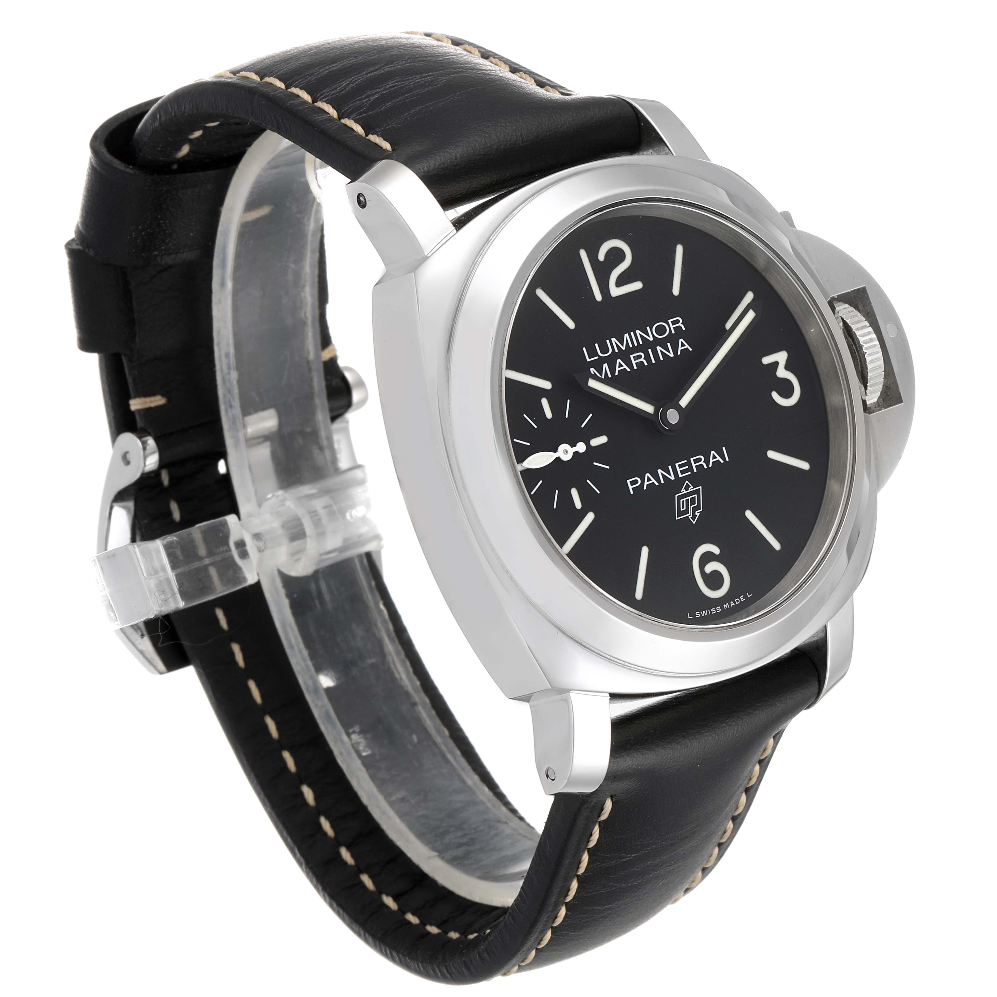 The image shows a Panerai Luminor PAM00776 Men
s Stainless Steel Black Dial PAM00776 Men
s Stainless Steel Black Dial Marina watch from a three-quarter angle, highlighting the watch face, case, and leather strap.