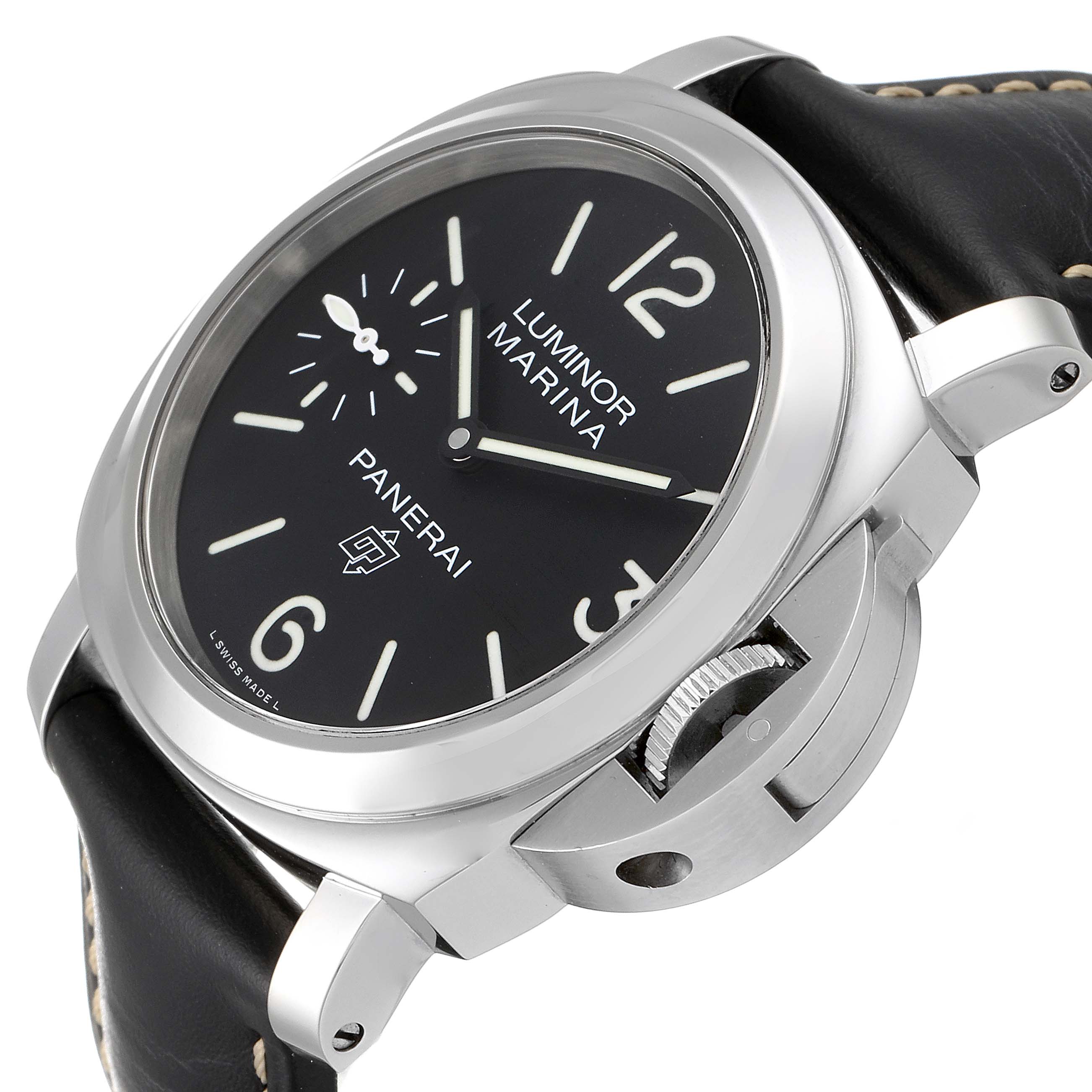 The Panerai Luminor PAM00776 Men
s Stainless Steel Black Dial PAM00776 Men
s Stainless Steel Black Dial watch is shown at an oblique angle, highlighting the crown guard and black dial with white markers.