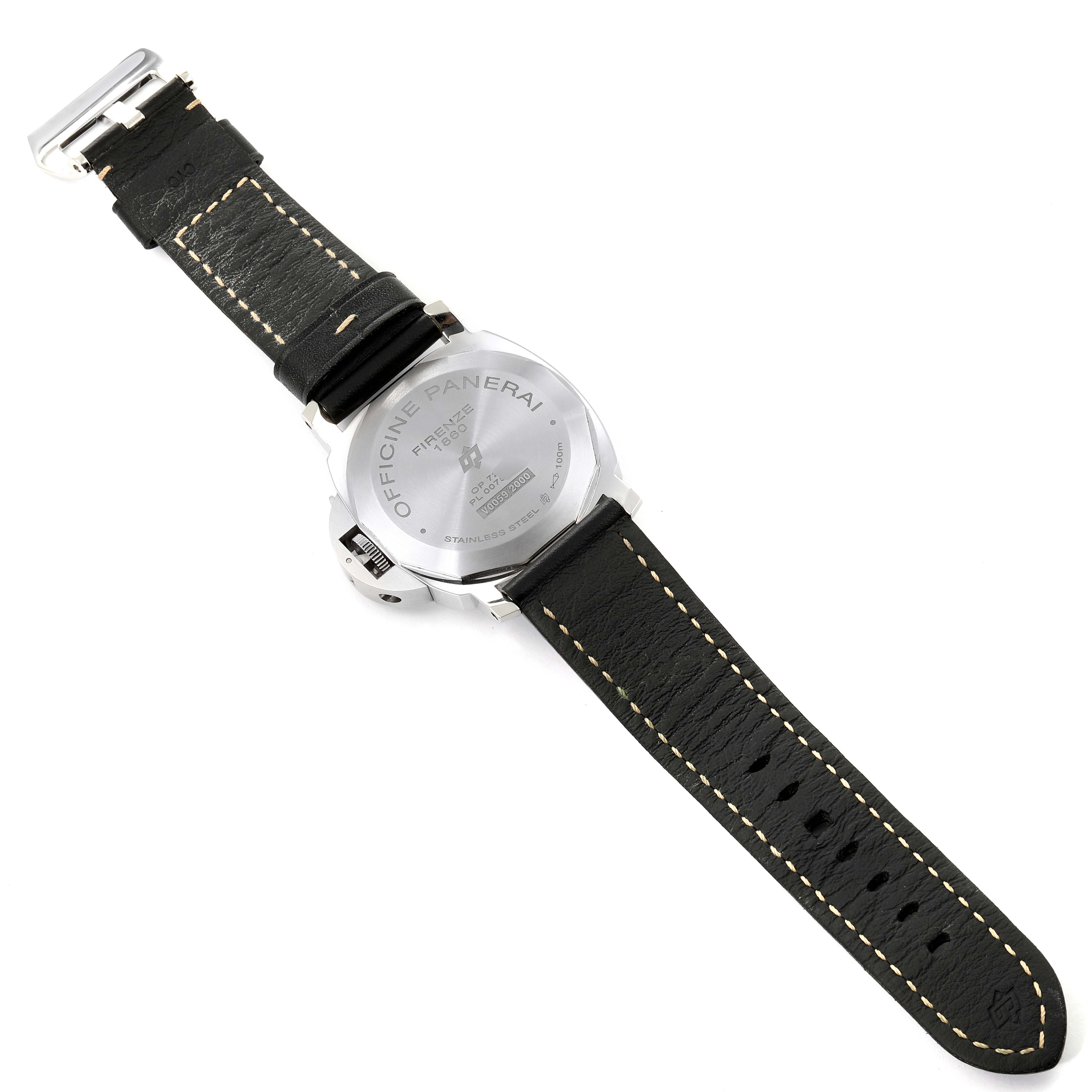 The image shows the back case and leather strap of a Panerai Luminor PAM00776 Men
s Stainless Steel Black Dial PAM00776 Men
s Stainless Steel Black Dial watch from a slightly tilted top-down angle.