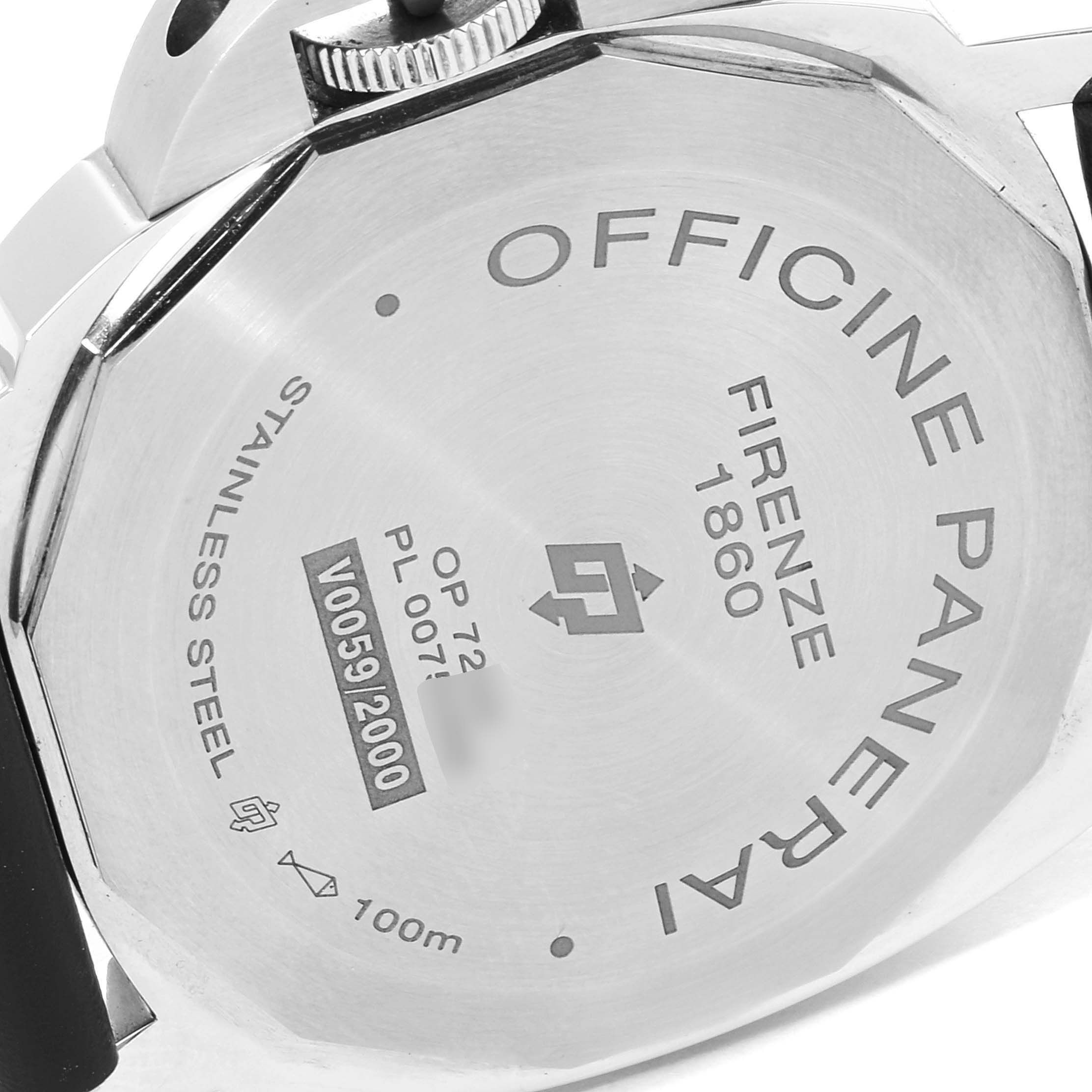 The image shows the back case of a Panerai Luminor PAM00776 Men
s Stainless Steel Black Dial PAM00776 Men
s Stainless Steel Black Dial watch, featuring branding and specifications.