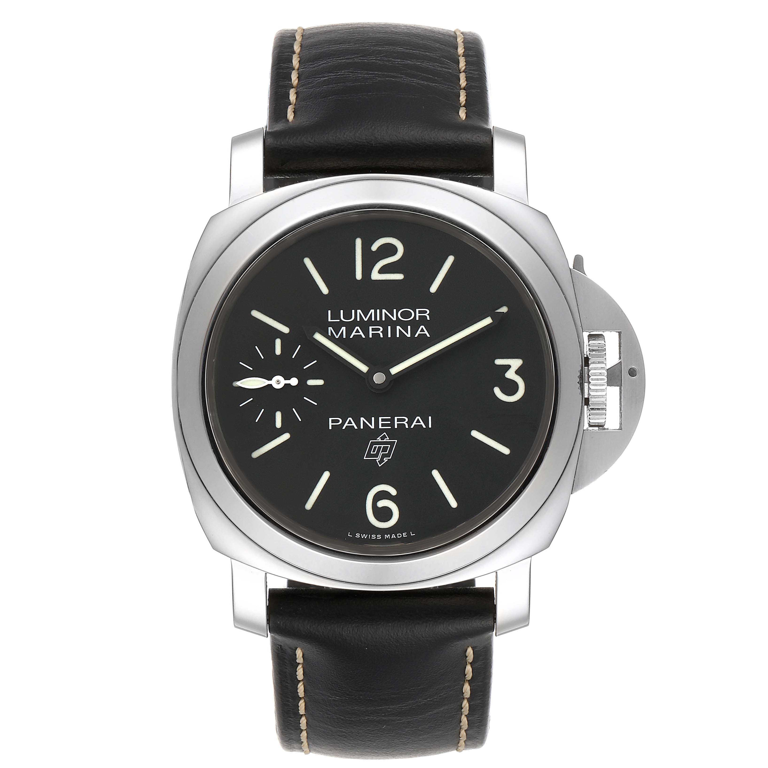 This Panerai Luminor PAM00776 Men
s Stainless Steel Black Dial PAM00776 Men
s Stainless Steel Black Dial watch is shown from a front angle, displaying the face, bezel, case, and strap.