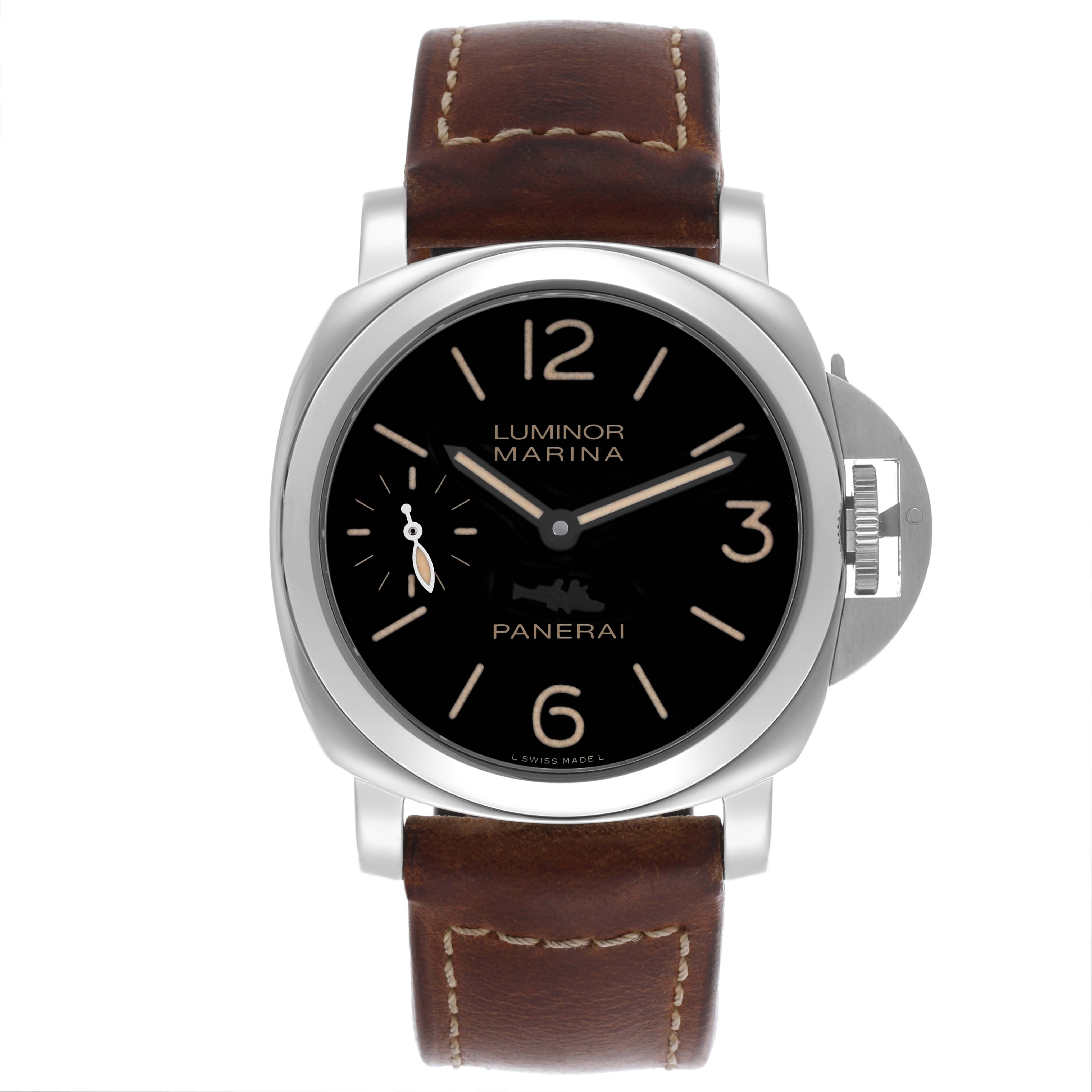 The image shows a front view of a Panerai Luminor PAM00412 Men's Stainless Steel Black Dial PAM00412 Men's Stainless Steel Black Dial watch, displaying its dial, case, crown guard, and leather strap.