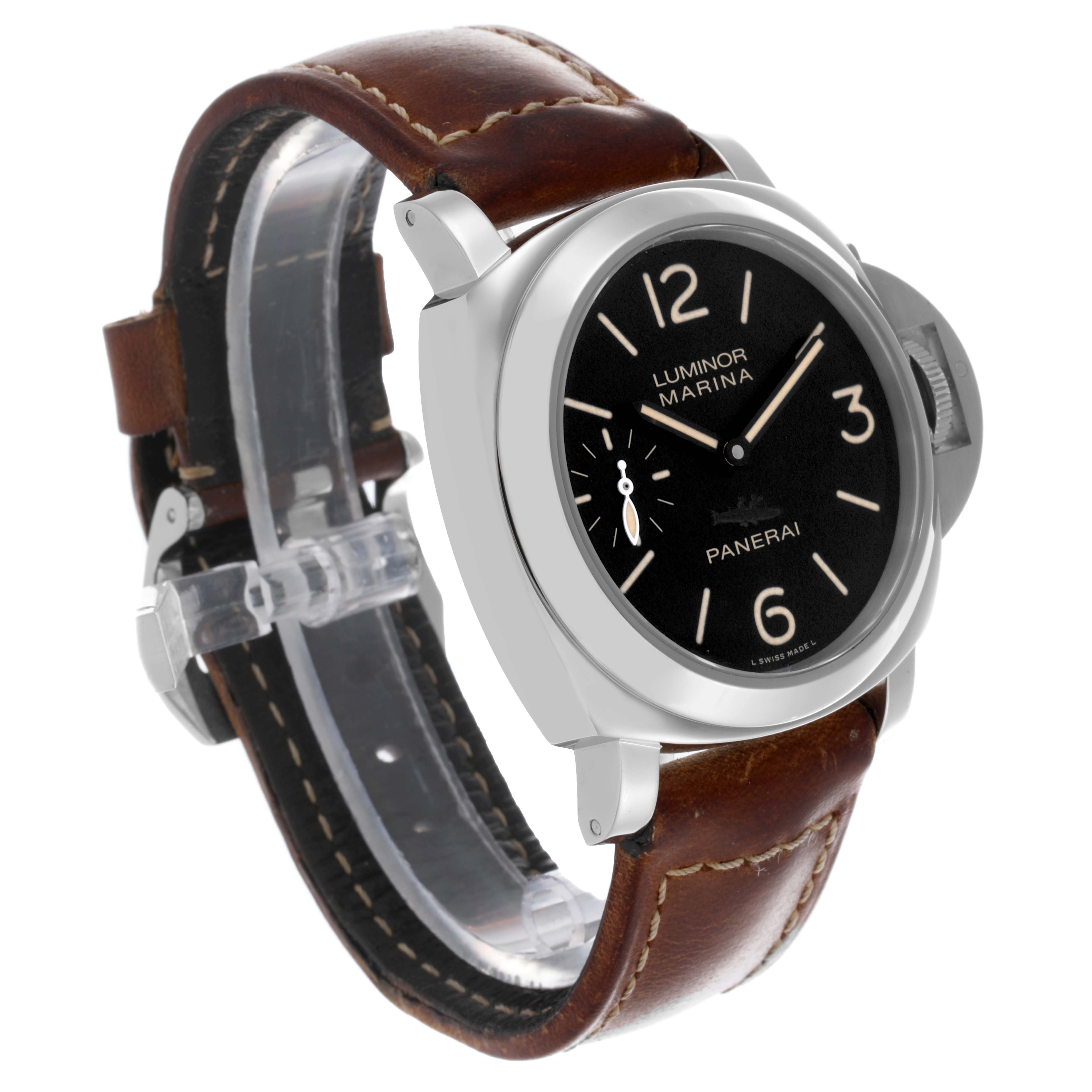 The Panerai Luminor PAM00412 Men's Stainless Steel Black Dial PAM00412 Men's Stainless Steel Black Dial model is shown from a three-quarter angle, highlighting the case, dial, and brown leather strap.