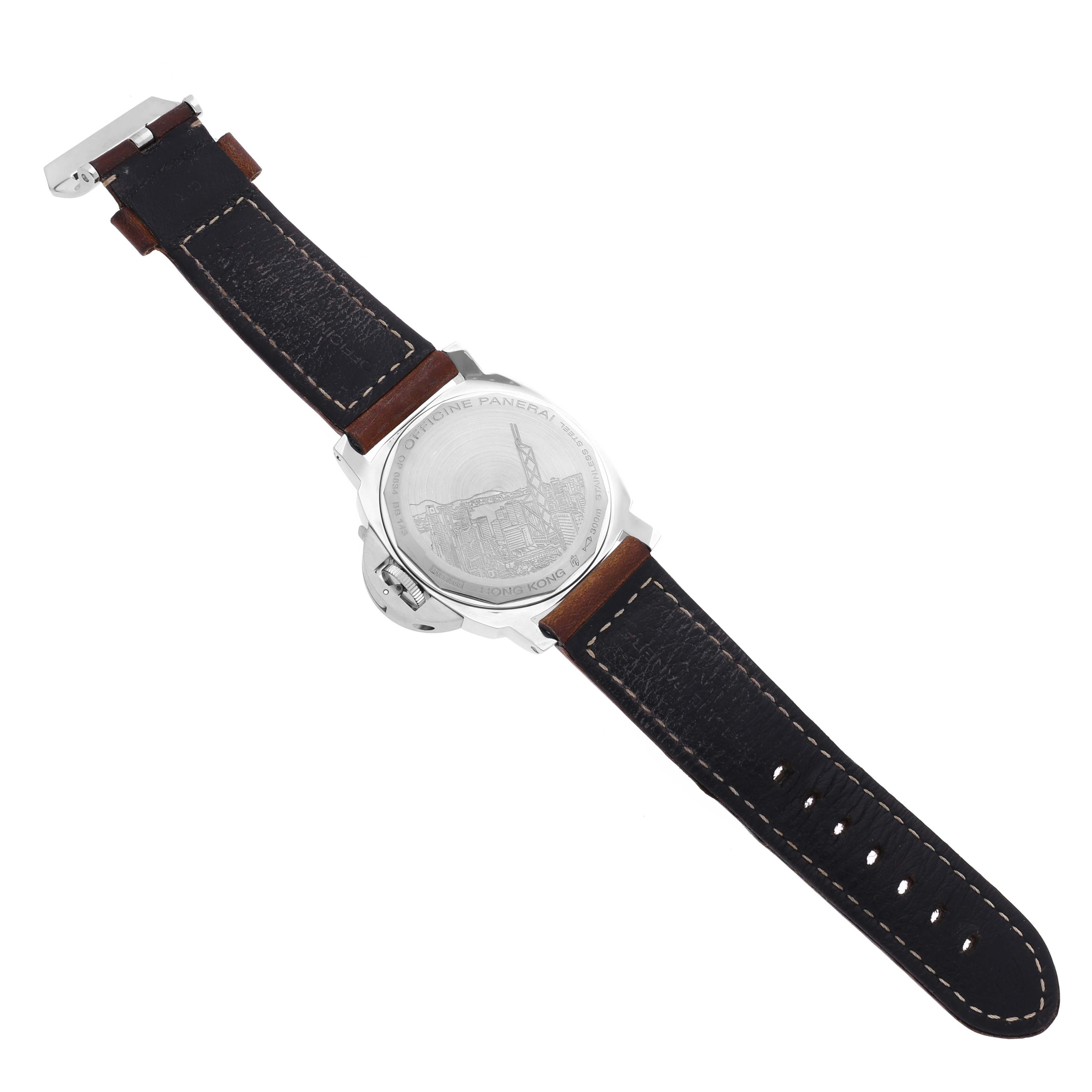 The image shows the back view of a Panerai Luminor PAM00412 Men's Stainless Steel Black Dial PAM00412 Men's Stainless Steel Black Dial watch, highlighting the engraved case back and leather strap.