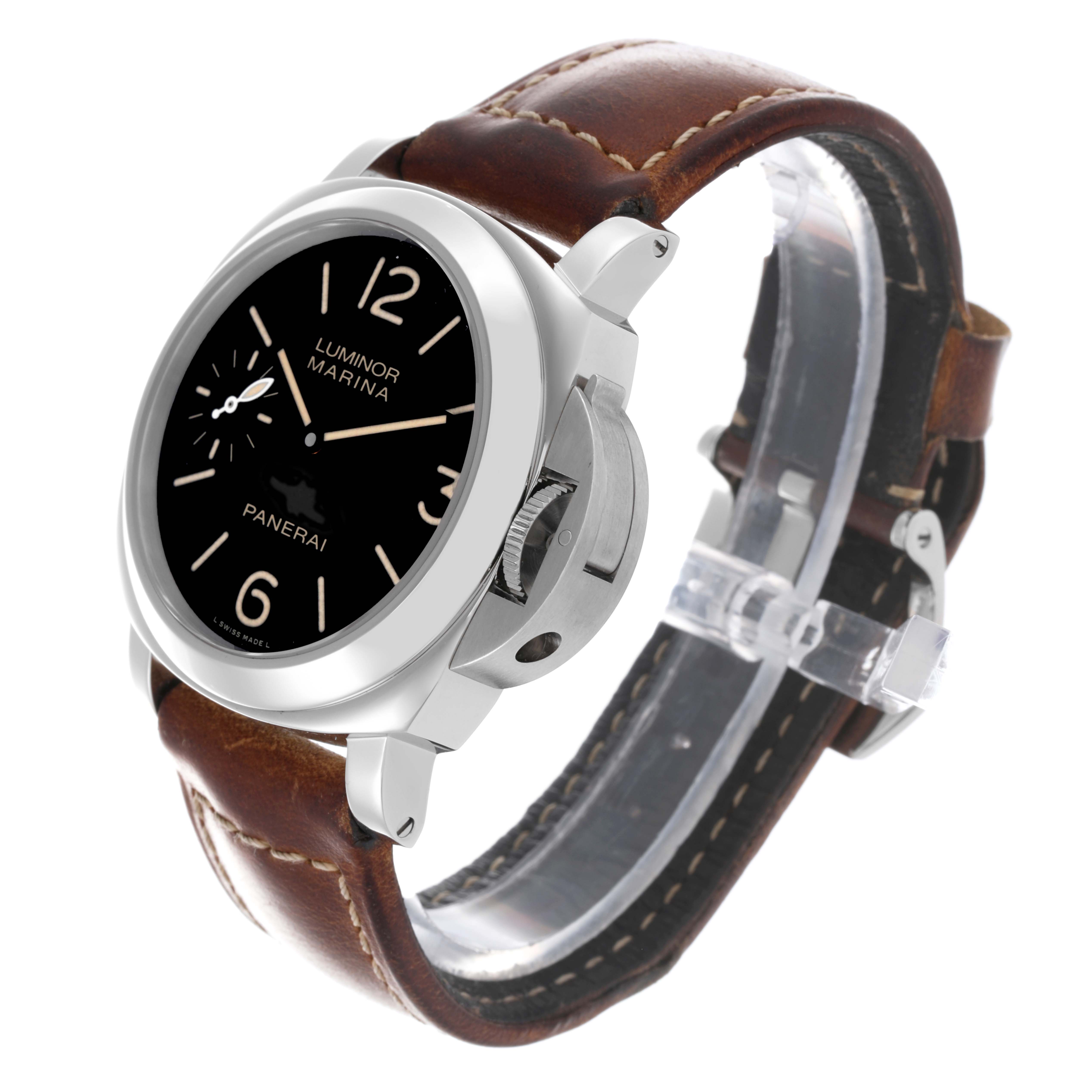 The Panerai Luminor PAM00412 Men's Stainless Steel Black Dial PAM00412 Men's Stainless Steel Black Dial watch is shown at a three-quarter angle, highlighting the dial, crown guard, and brown leather strap.