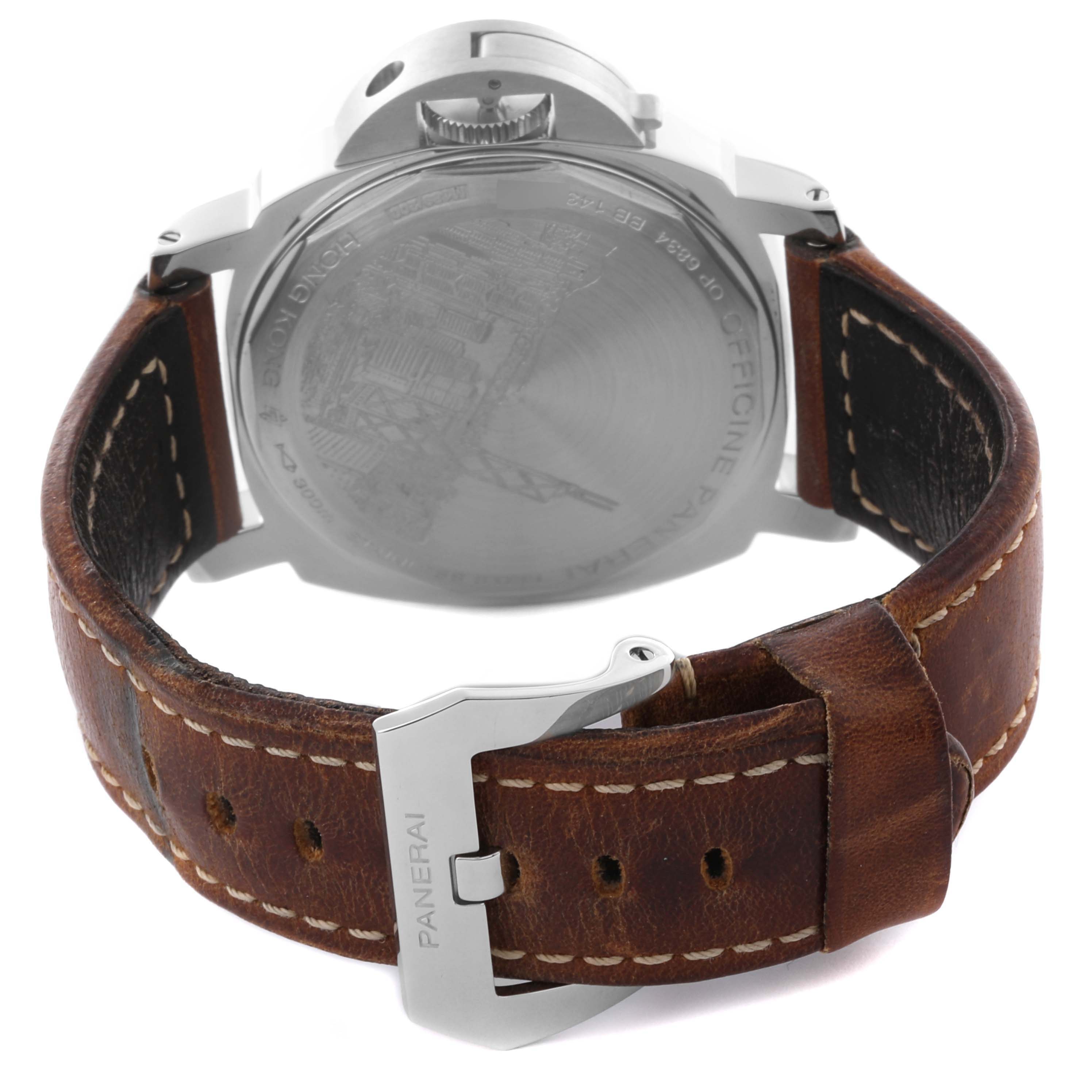 The image shows the back and side of a Panerai Luminor PAM00412 Men's Stainless Steel Black Dial PAM00412 Men's Stainless Steel Black Dial, highlighting the leather strap and metal buckle.