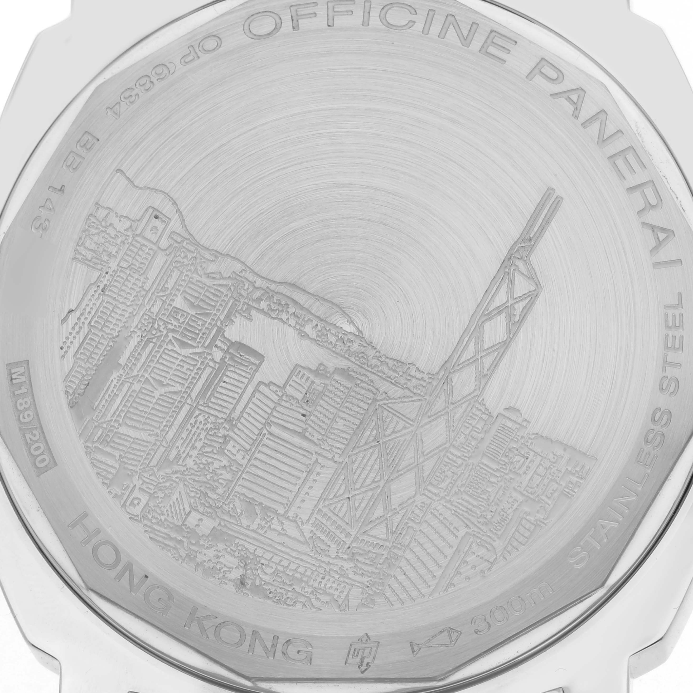 The image shows the engraved case back of a Panerai Luminor PAM00412 Men's Stainless Steel Black Dial PAM00412 Men's Stainless Steel Black Dial watch, featuring an architectural design.