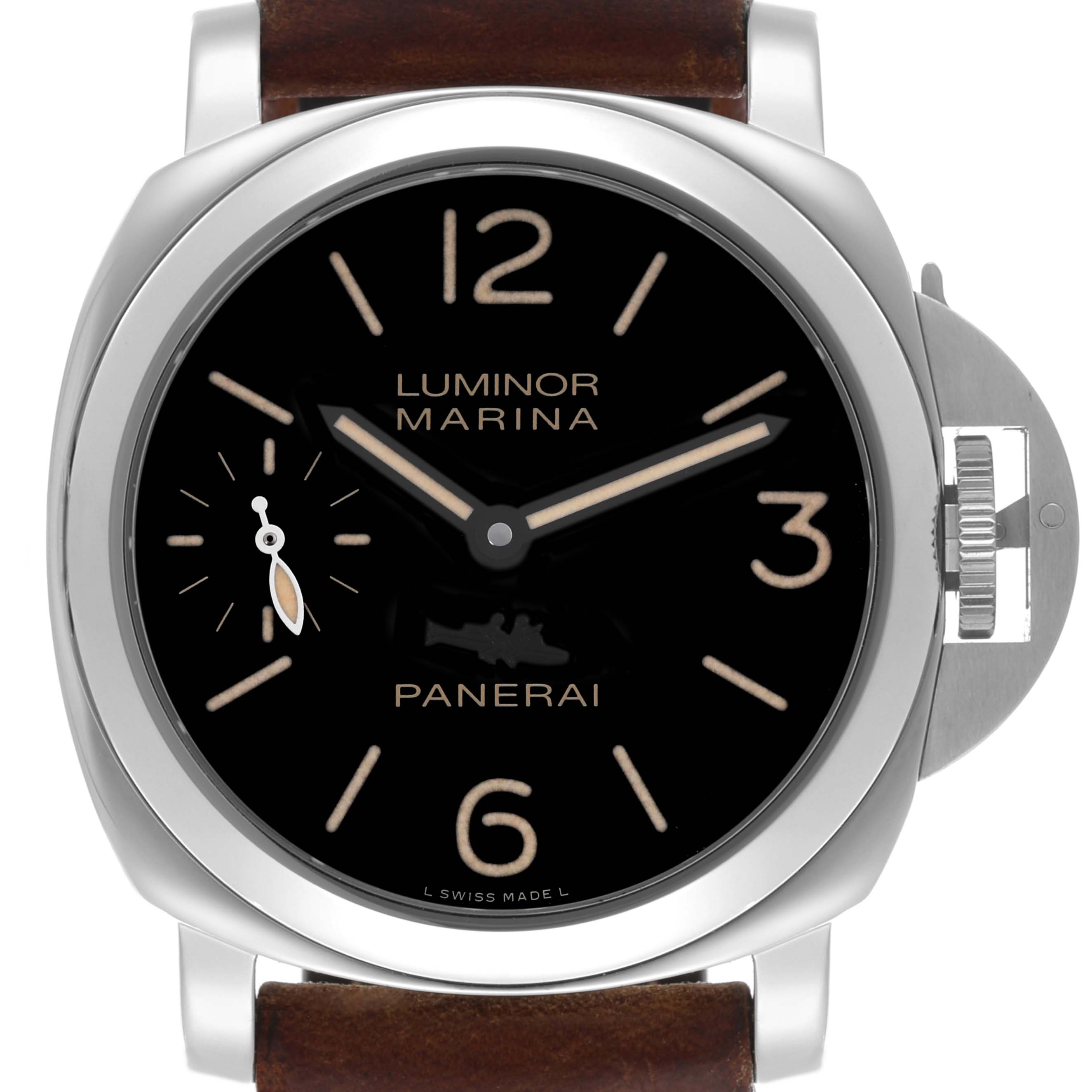 The Panerai Luminor PAM00412 Men's Stainless Steel Black Dial PAM00412 Men's Stainless Steel Black Dial watch is shown from the front, displaying the face, case, and crown guard.