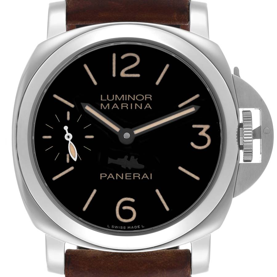 The Panerai Luminor watch is shown from the front, displaying the face, case, and crown guard.