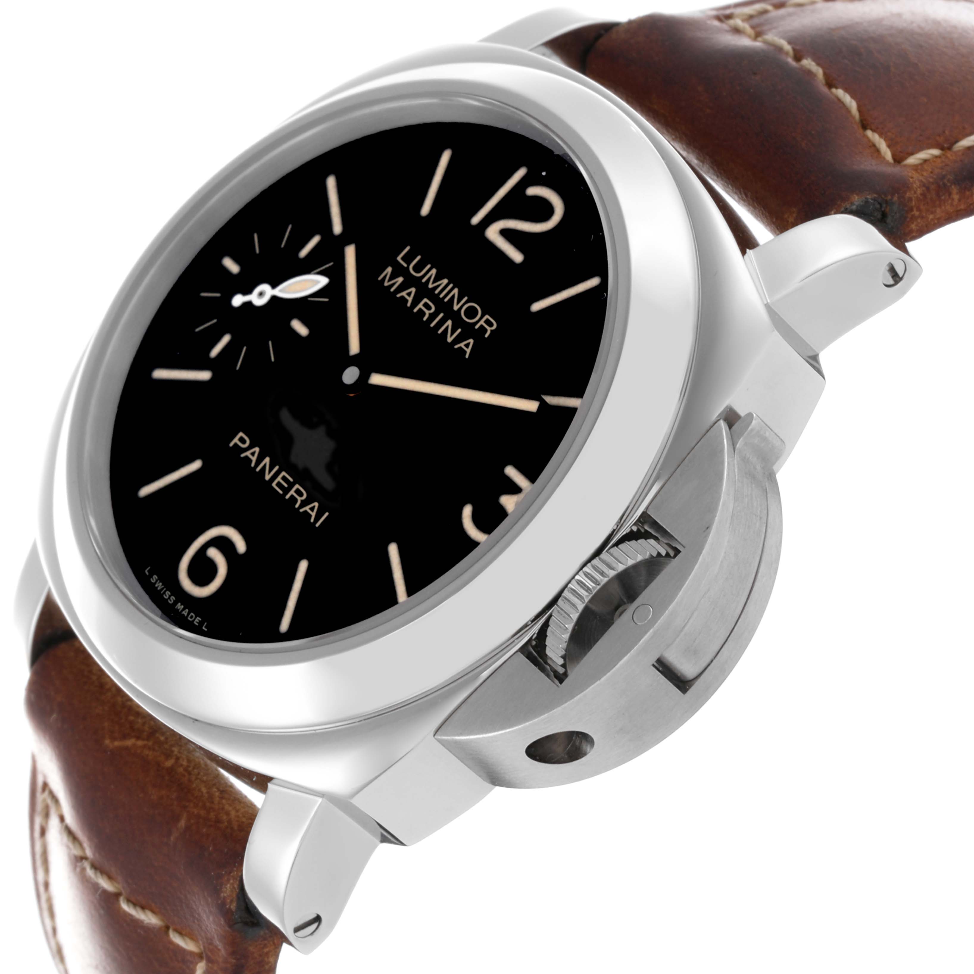 The image shows a Panerai Luminor PAM00412 Men's Stainless Steel Black Dial PAM00412 Men's Stainless Steel Black Dial watch at an angled side view highlighting its case, dial, crown guard, and brown leather strap.