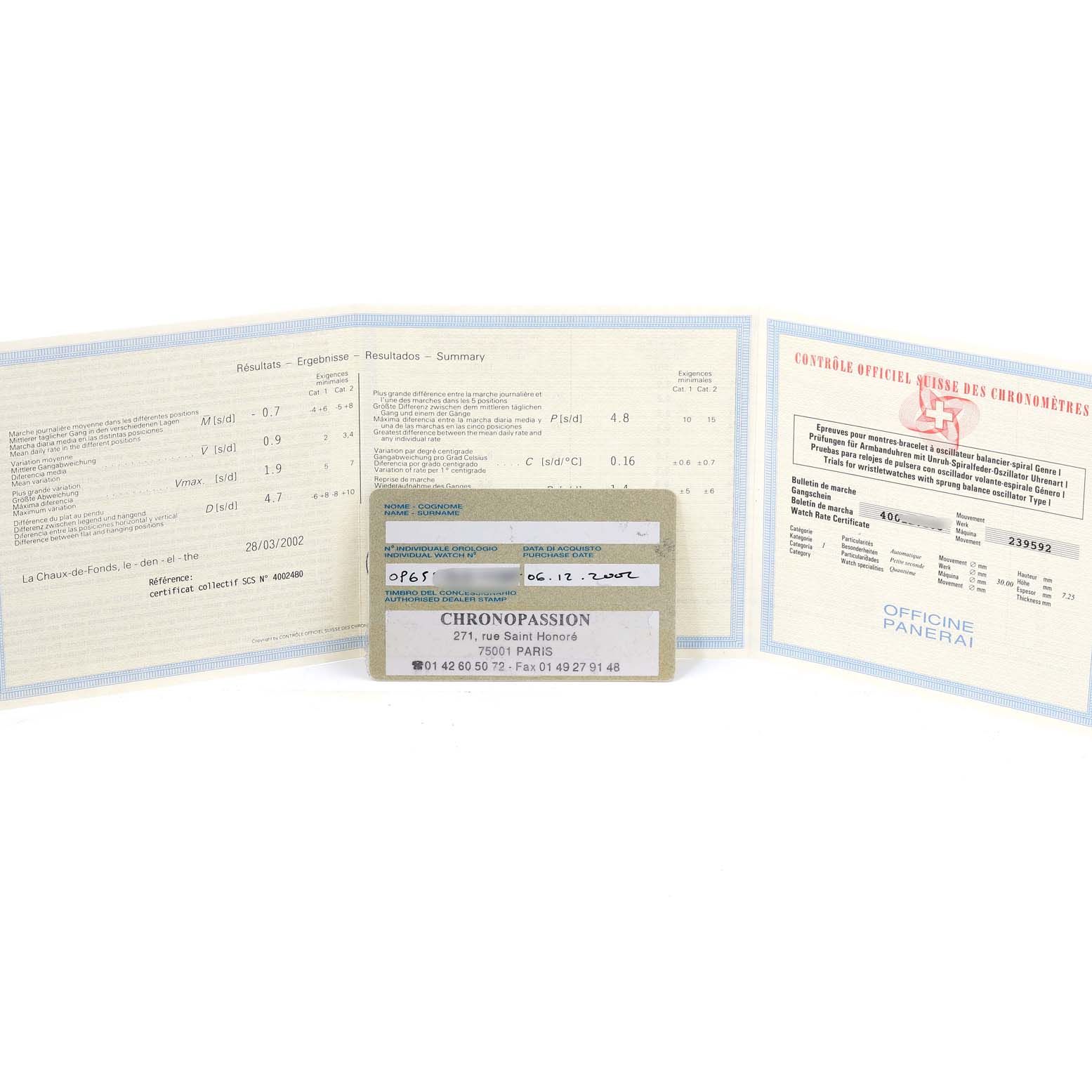 This image shows the warranty and certification papers for a Panerai Luminor PAM00104 Men's Stainless Steel Black Dial PAM00104 Men's Stainless Steel Black Dial watch.