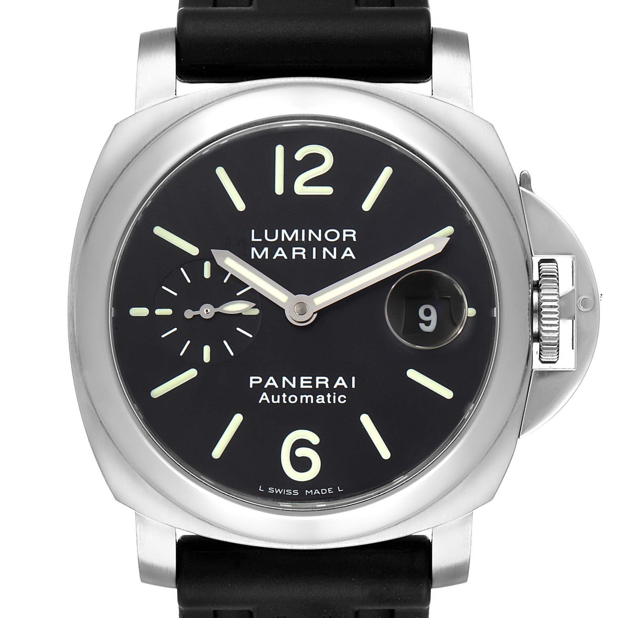 The image shows a front view of the Panerai Luminor PAM00104 Men's Stainless Steel Black Dial PAM00104 Men's Stainless Steel Black Dial model watch, displaying the dial, hands, crown guard, and part of the strap.