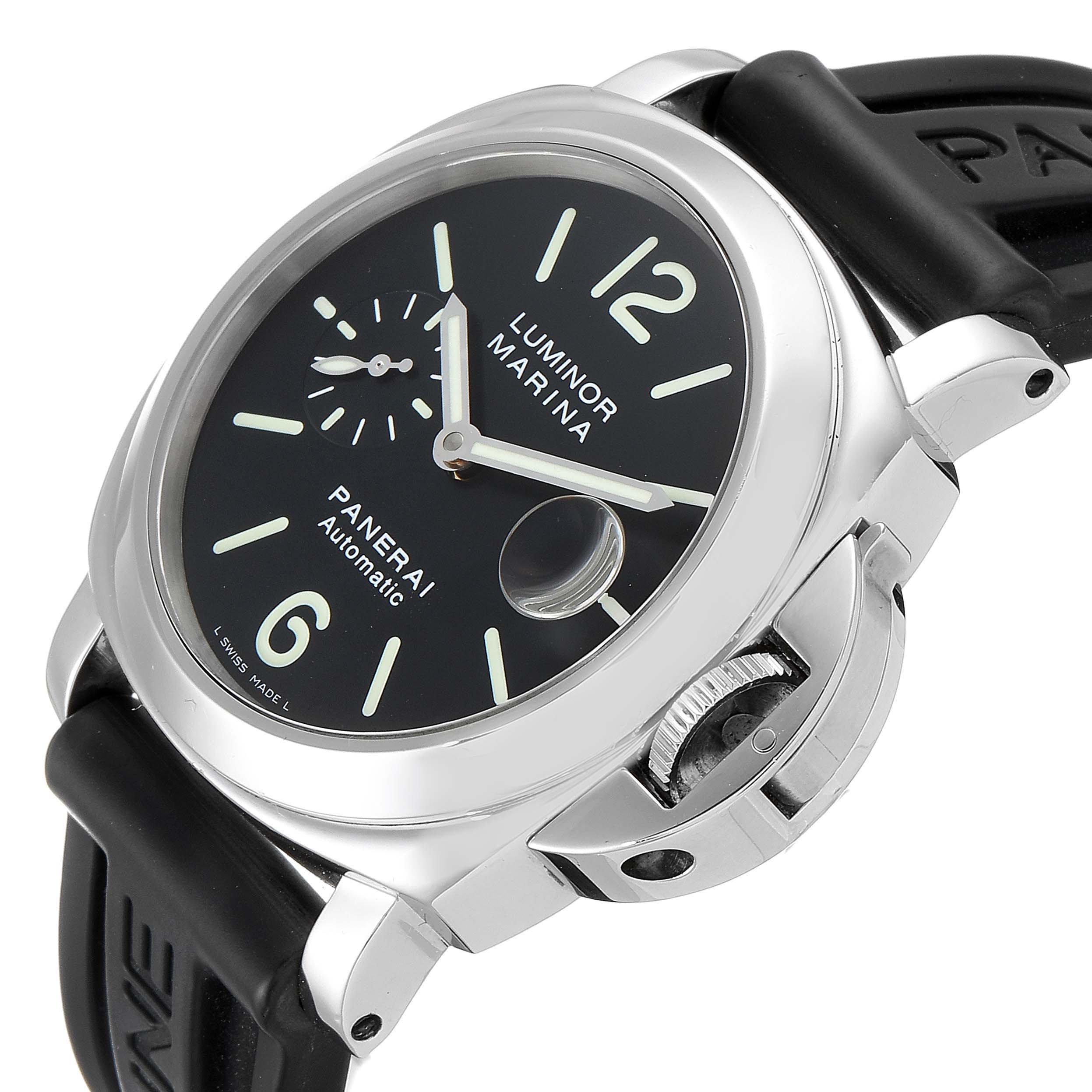 The image shows a close-up, angled view of the Panerai Luminor PAM00104 Men's Stainless Steel Black Dial PAM00104 Men's Stainless Steel Black Dial Marina watch, highlighting the dial, crown guard, and strap attachment.