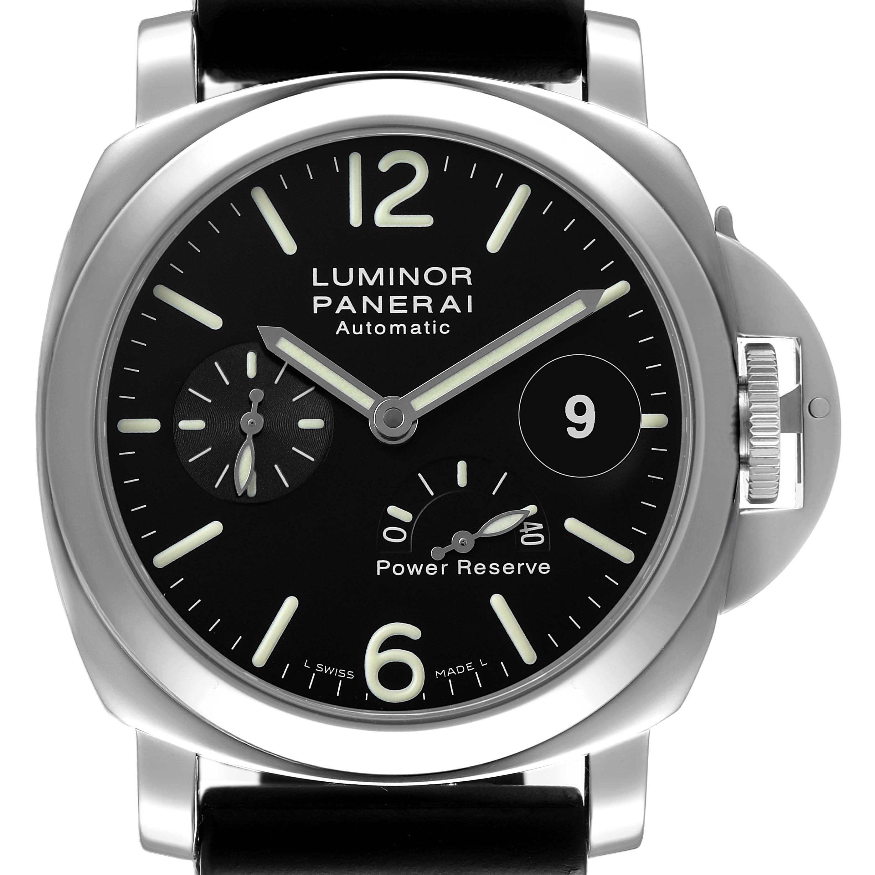 The Panerai Luminor PAM00090 Men's Stainless Steel Black Dial watch is shown from the front, displaying its dial, crown guard, and subdials.