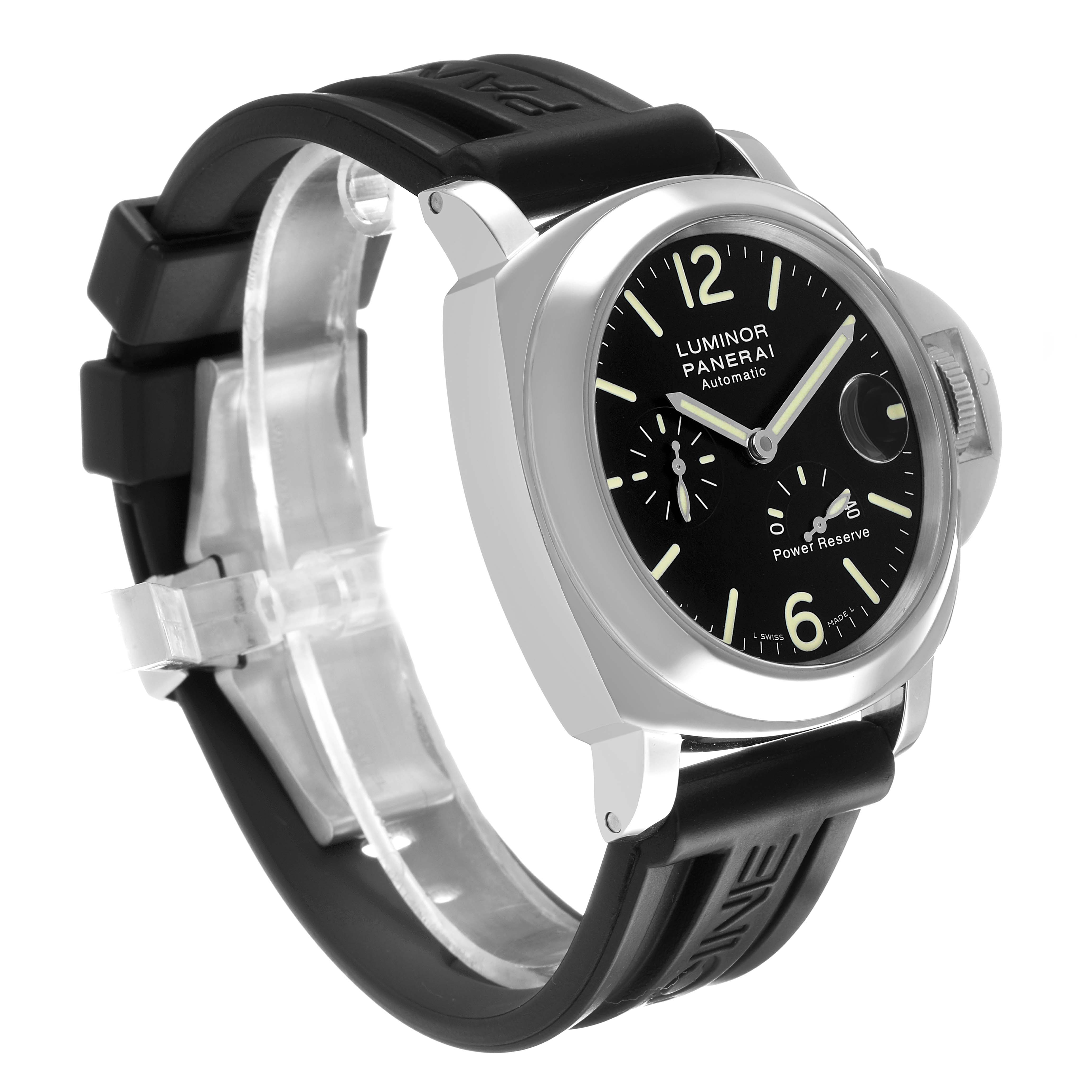 The image shows a Panerai Luminor PAM00090 Men's Stainless Steel Black Dial watch at a three-quarter angle, highlighting the dial, crown protector, and black strap.