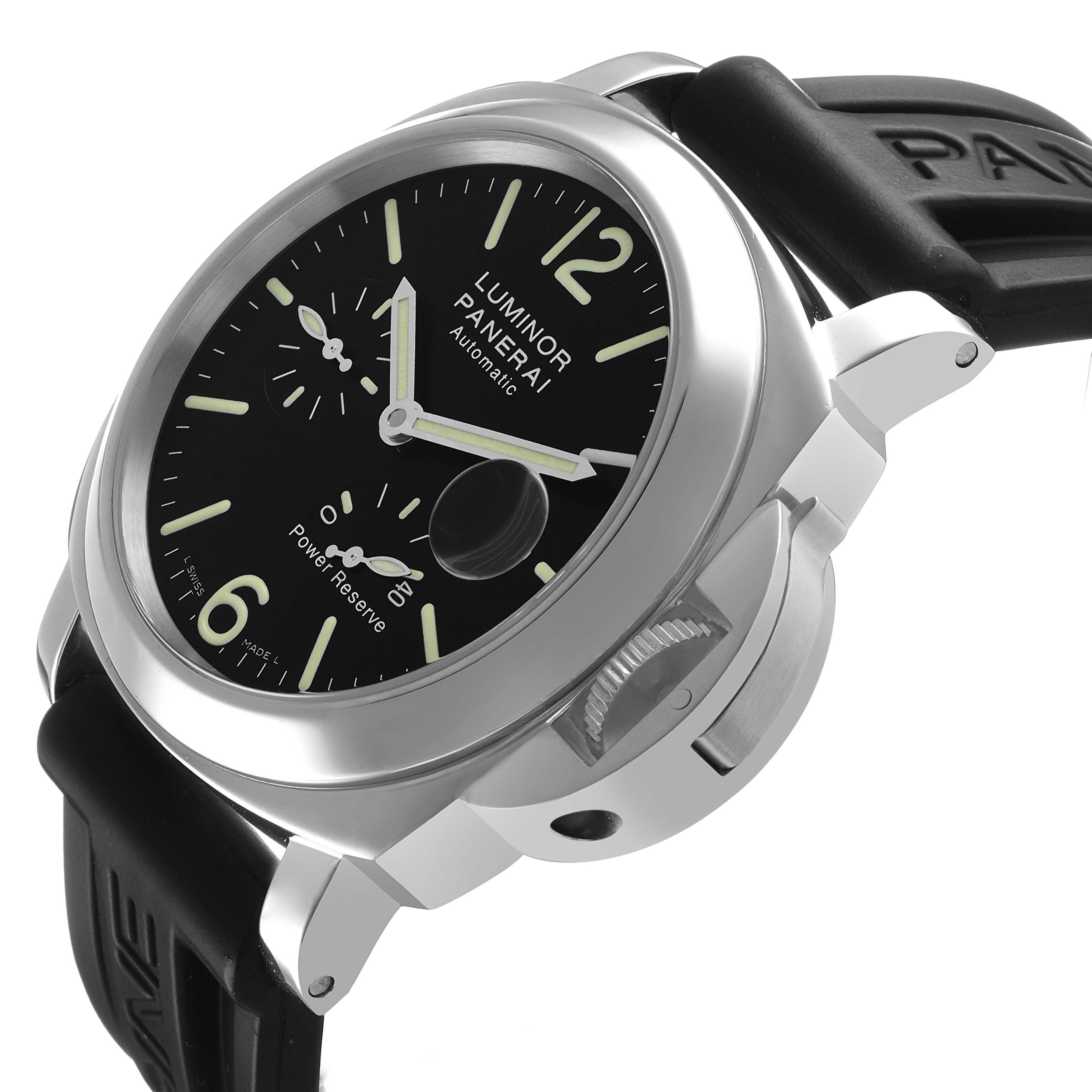 The Panerai Luminor PAM00090 Men's Stainless Steel Black Dial watch is shown at an angled side view, displaying its face, crown, and strap.