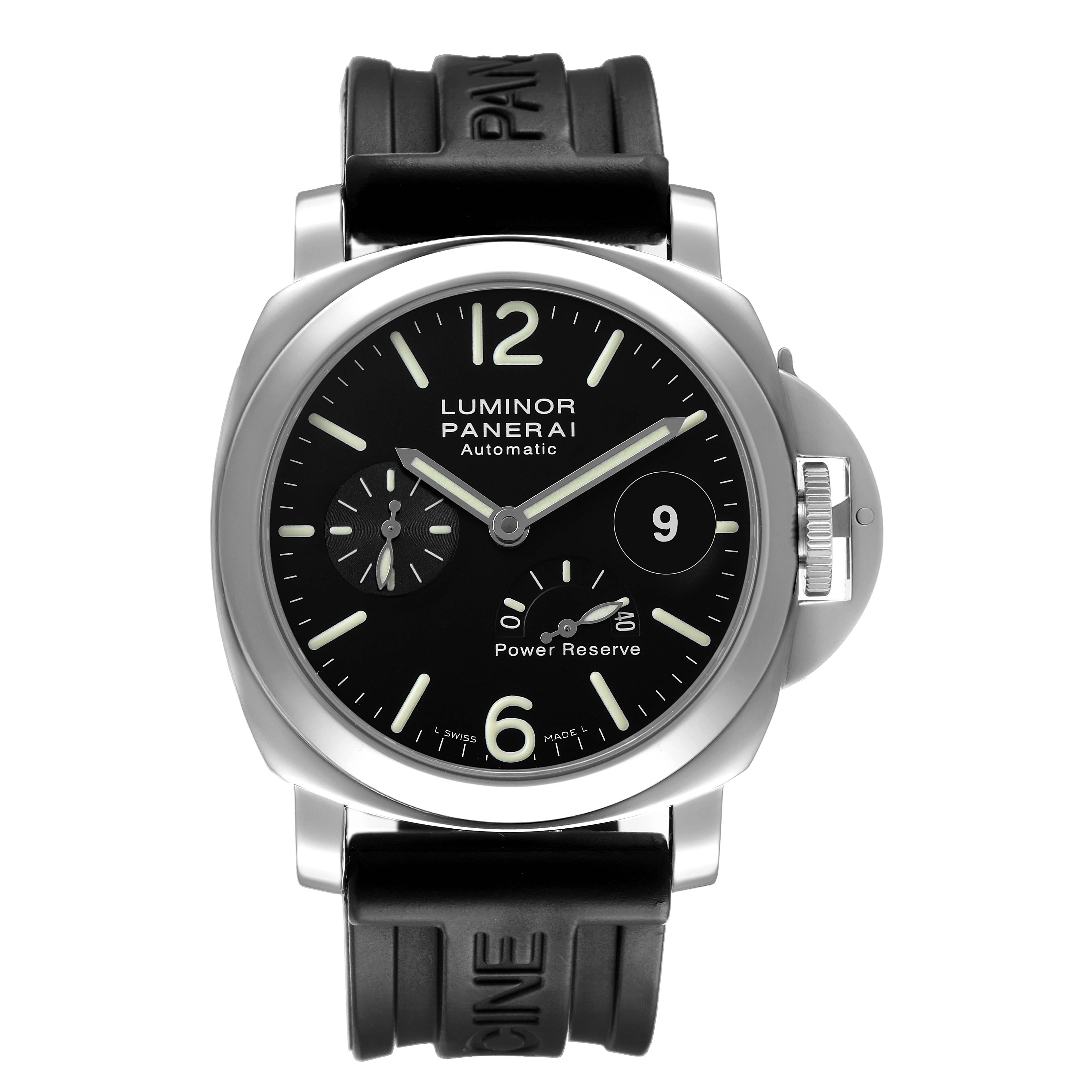 The Panerai Luminor PAM00090 Men's Stainless Steel Black Dial watch is shown from the front, displaying its dial, crown, and strap.