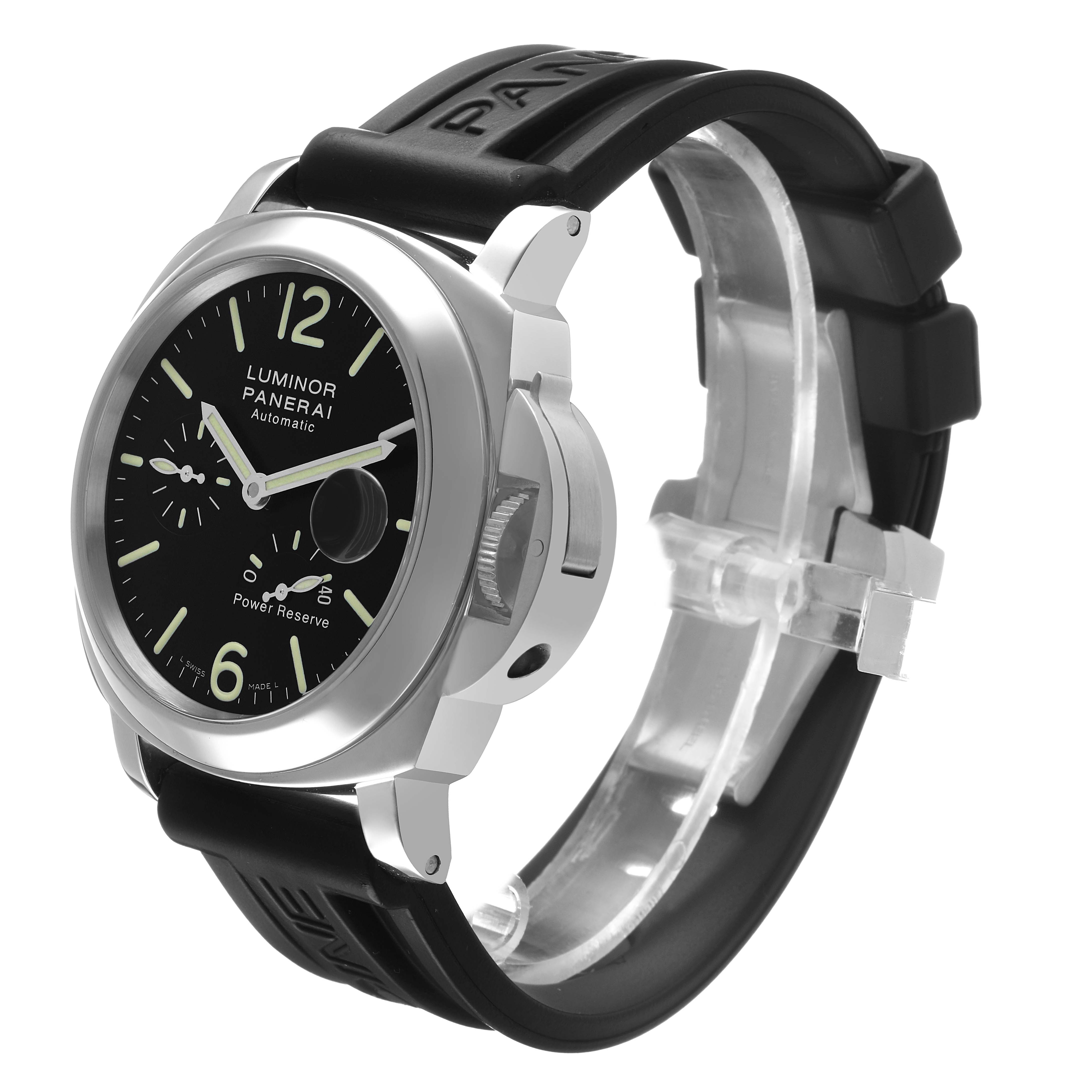 The Panerai Luminor PAM00090 Men's Stainless Steel Black Dial watch is shown at a three-quarter angle, displaying its face, crown guard, and black rubber strap.