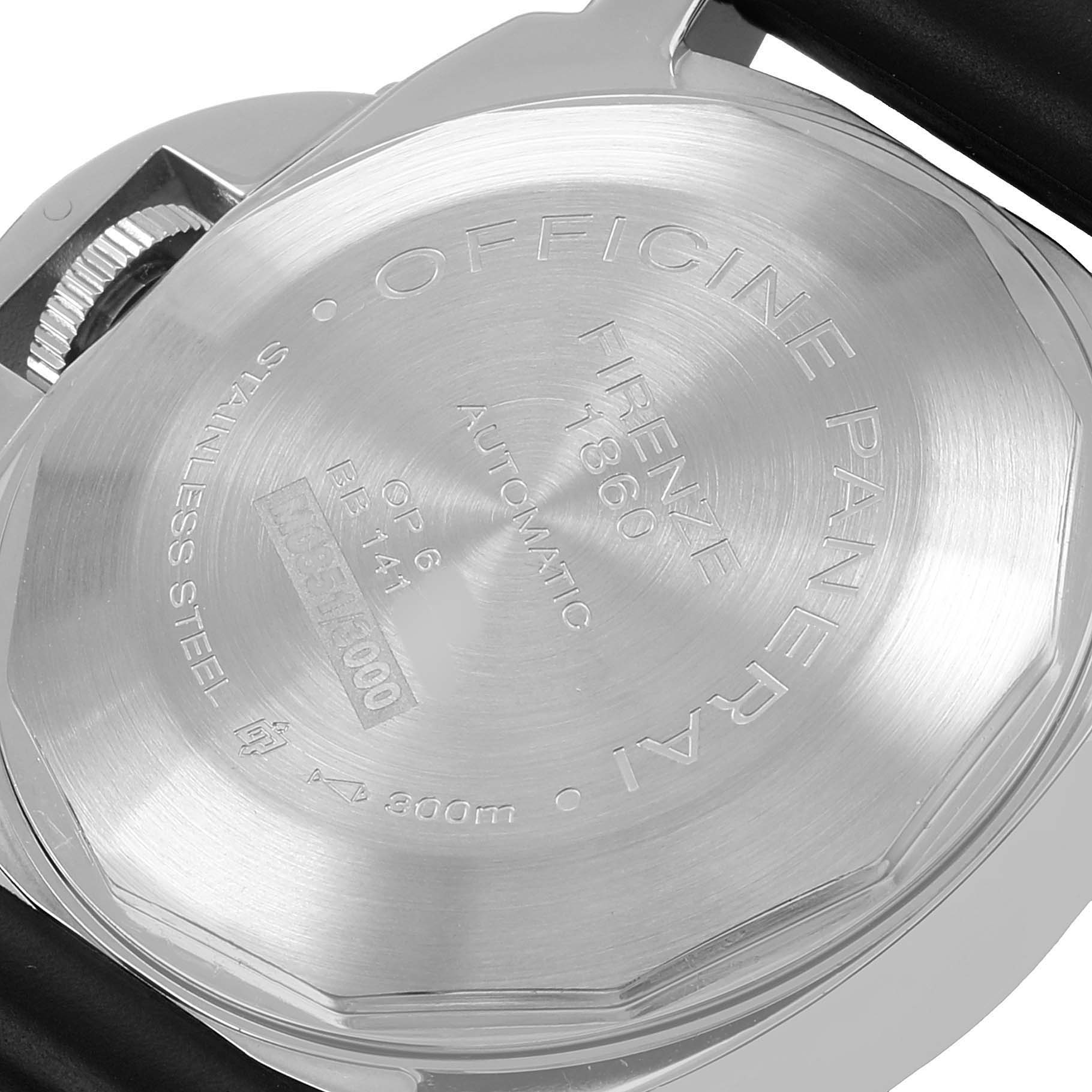 The image shows the back of the Panerai Luminor PAM00090 Men's Stainless Steel Black Dial watch, featuring its engraved markings and crown guard from a rear angle.