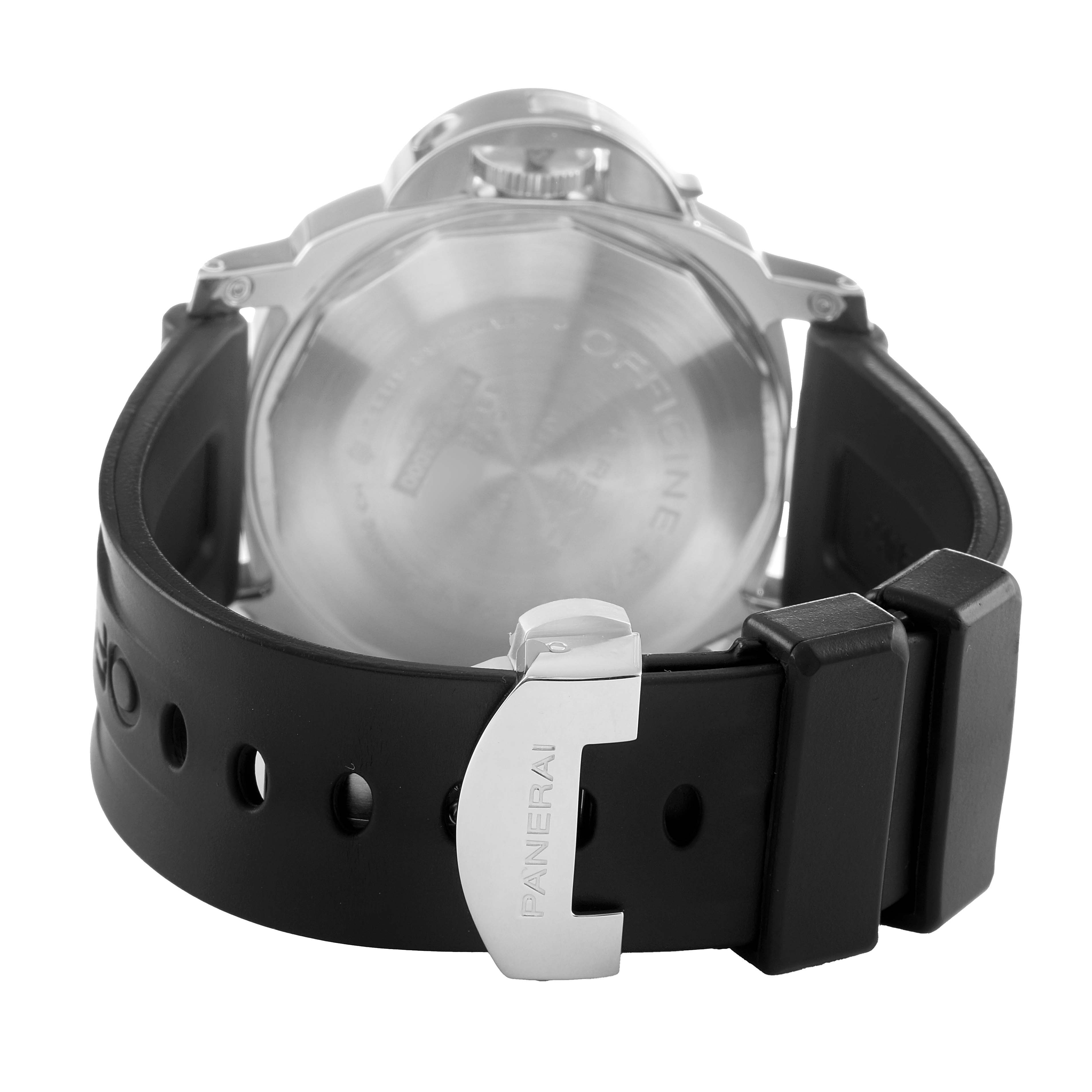 The image shows the back case and rubber strap of a Panerai Luminor PAM00090 Men's Stainless Steel Black Dial watch, focusing on the clasp and case back.