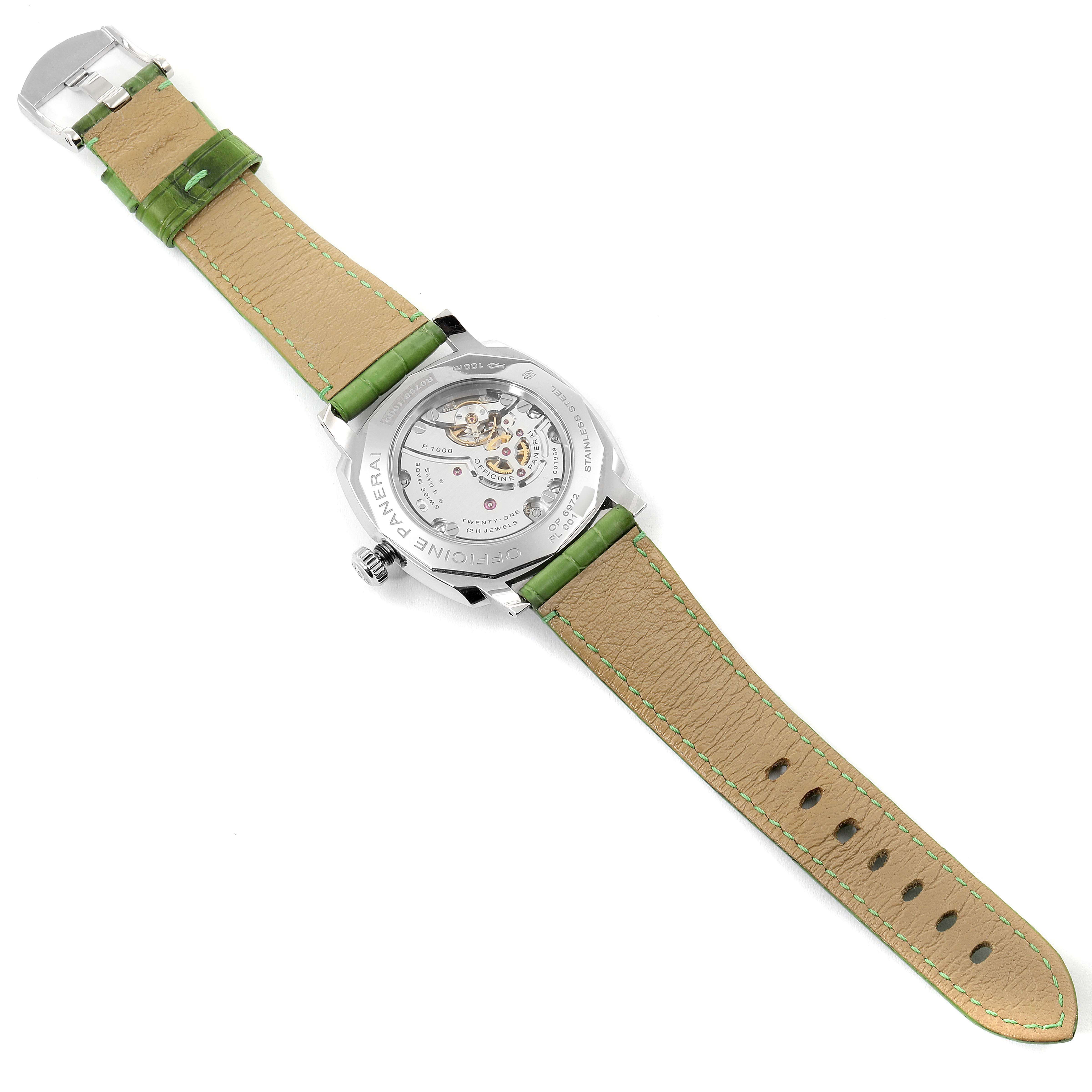 The image shows the back view of a Panerai Radiomir PAM00574 Men's Stainless Steel Black Dial PAM00574 Men's Stainless Steel Black Dial watch, highlighting its movement and green strap.