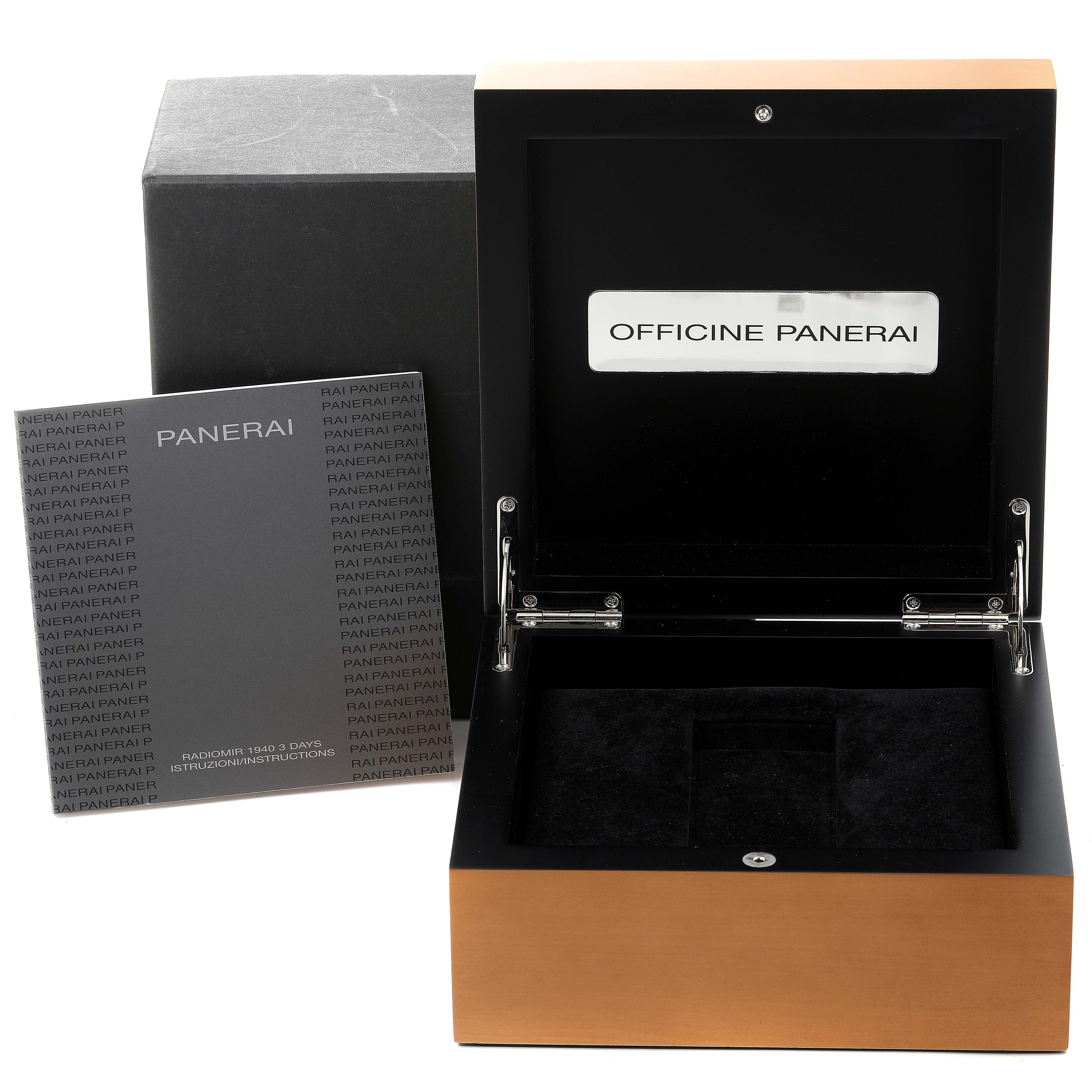 The image shows the open box and manual for a Panerai Radiomir PAM00574 Men's Stainless Steel Black Dial PAM00574 Men's Stainless Steel Black Dial watch, with the box lid displaying "OFFICINE PANERAI."