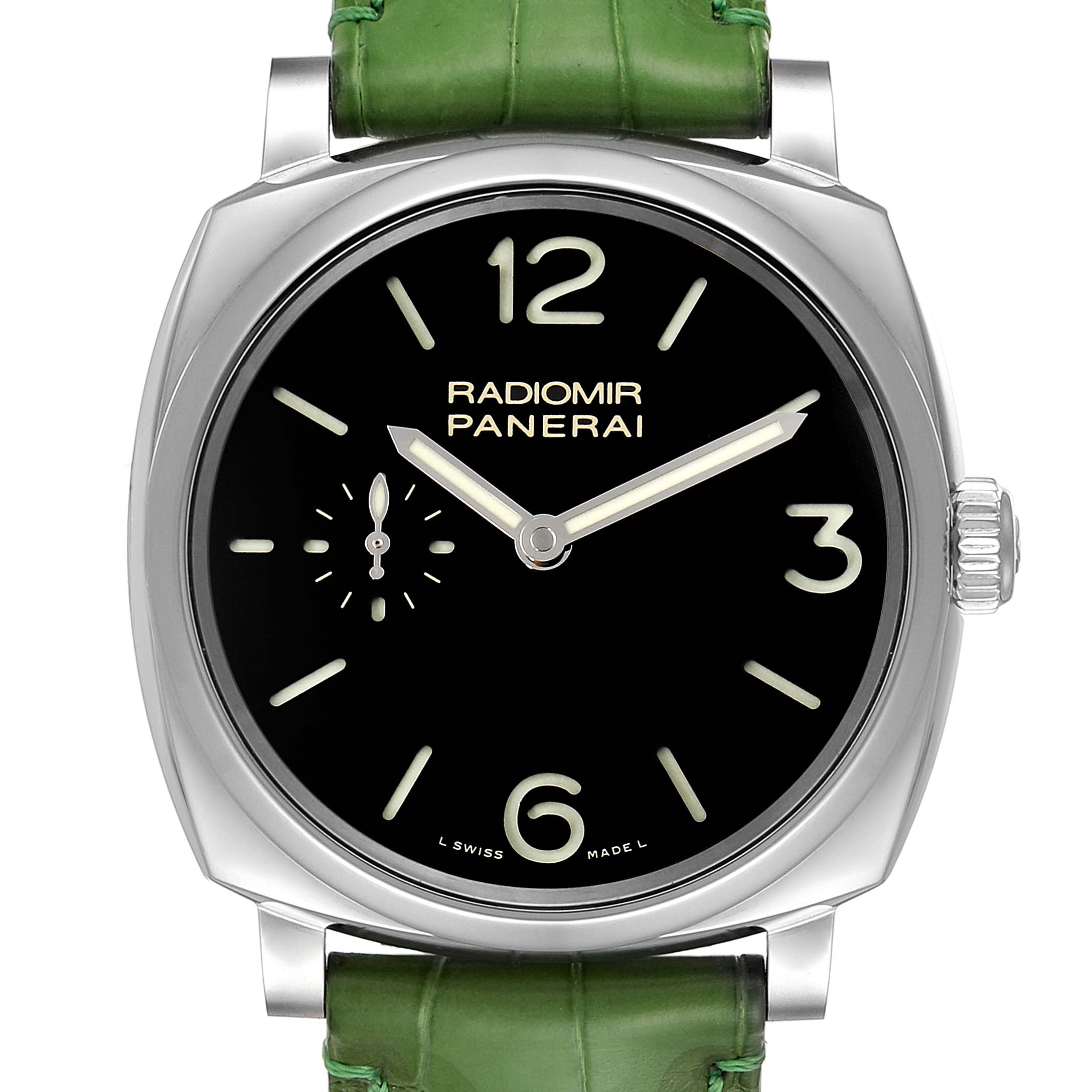 This image shows a front view of the Panerai Radiomir PAM00574 Men's Stainless Steel Black Dial PAM00574 Men's Stainless Steel Black Dial watch, featuring a black dial, luminescent hands and numerals, and a green leather strap.