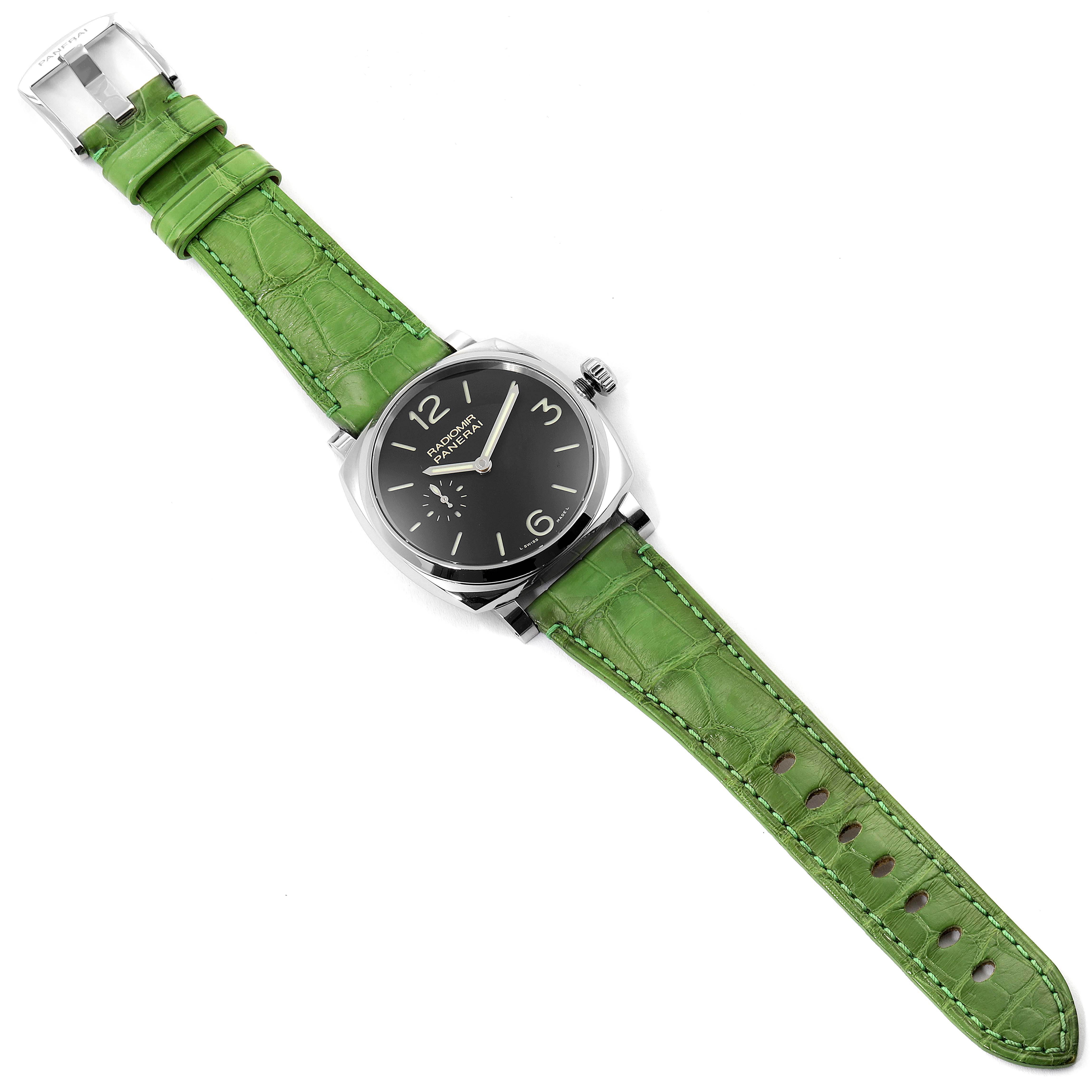The image shows a Panerai Radiomir PAM00574 Men's Stainless Steel Black Dial PAM00574 Men's Stainless Steel Black Dial watch with a green strap, viewed from above.