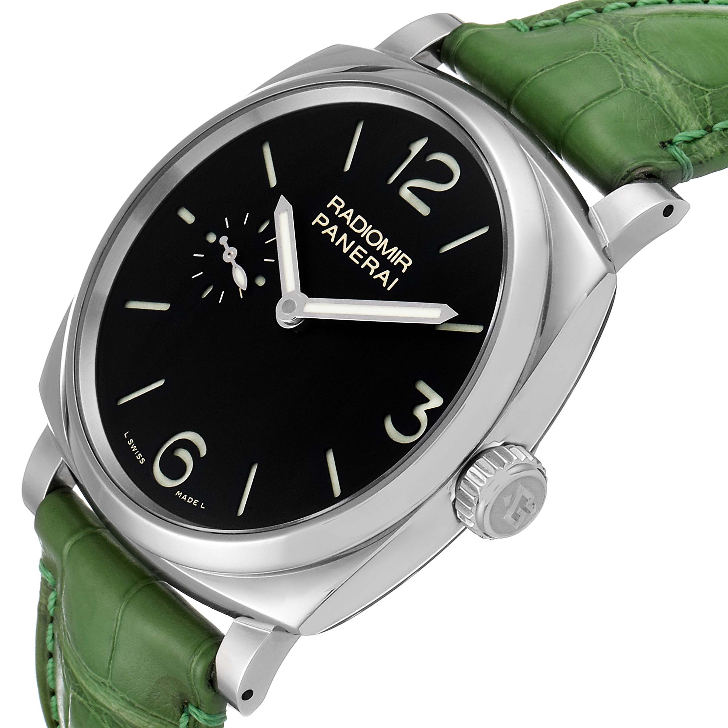 This image shows a Panerai Radiomir PAM00574 Men's Stainless Steel Black Dial PAM00574 Men's Stainless Steel Black Dial watch at an angled side view, highlighting the green strap, crown, and black dial.