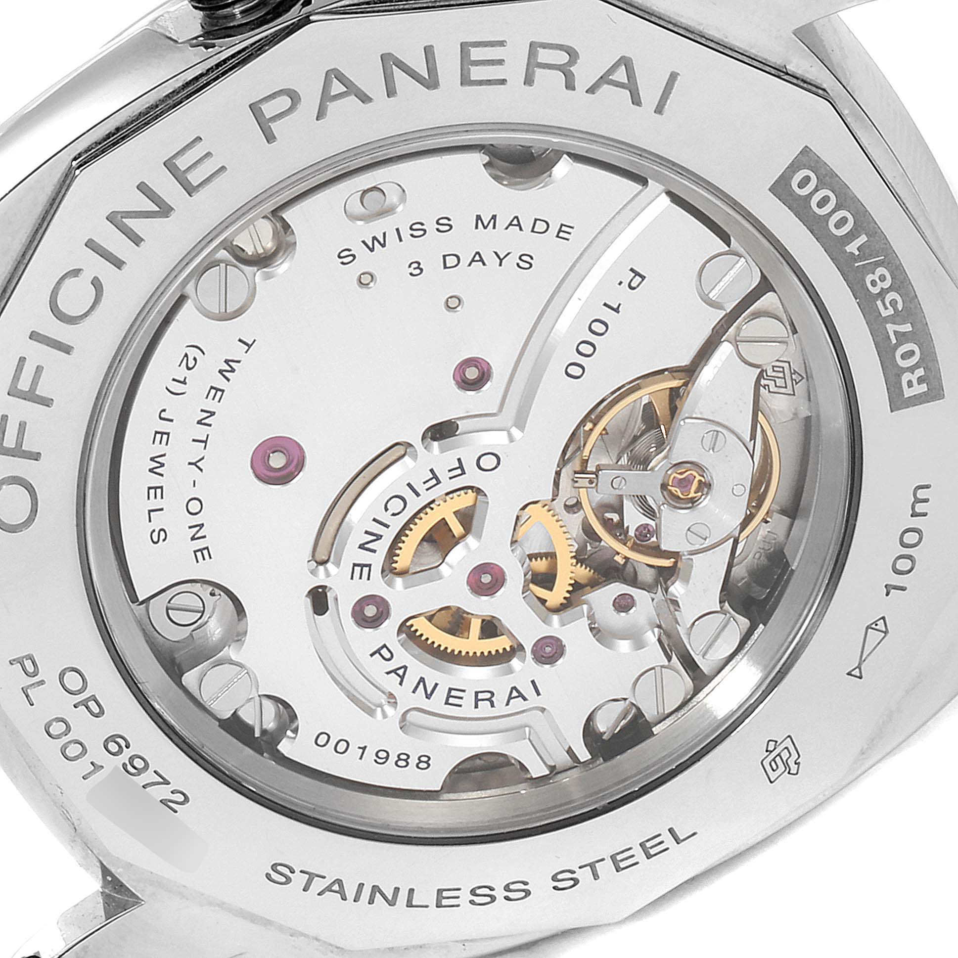 The image shows the back of a Panerai Radiomir PAM00574 Men's Stainless Steel Black Dial PAM00574 Men's Stainless Steel Black Dial watch, revealing its mechanical inner workings and engraving details.