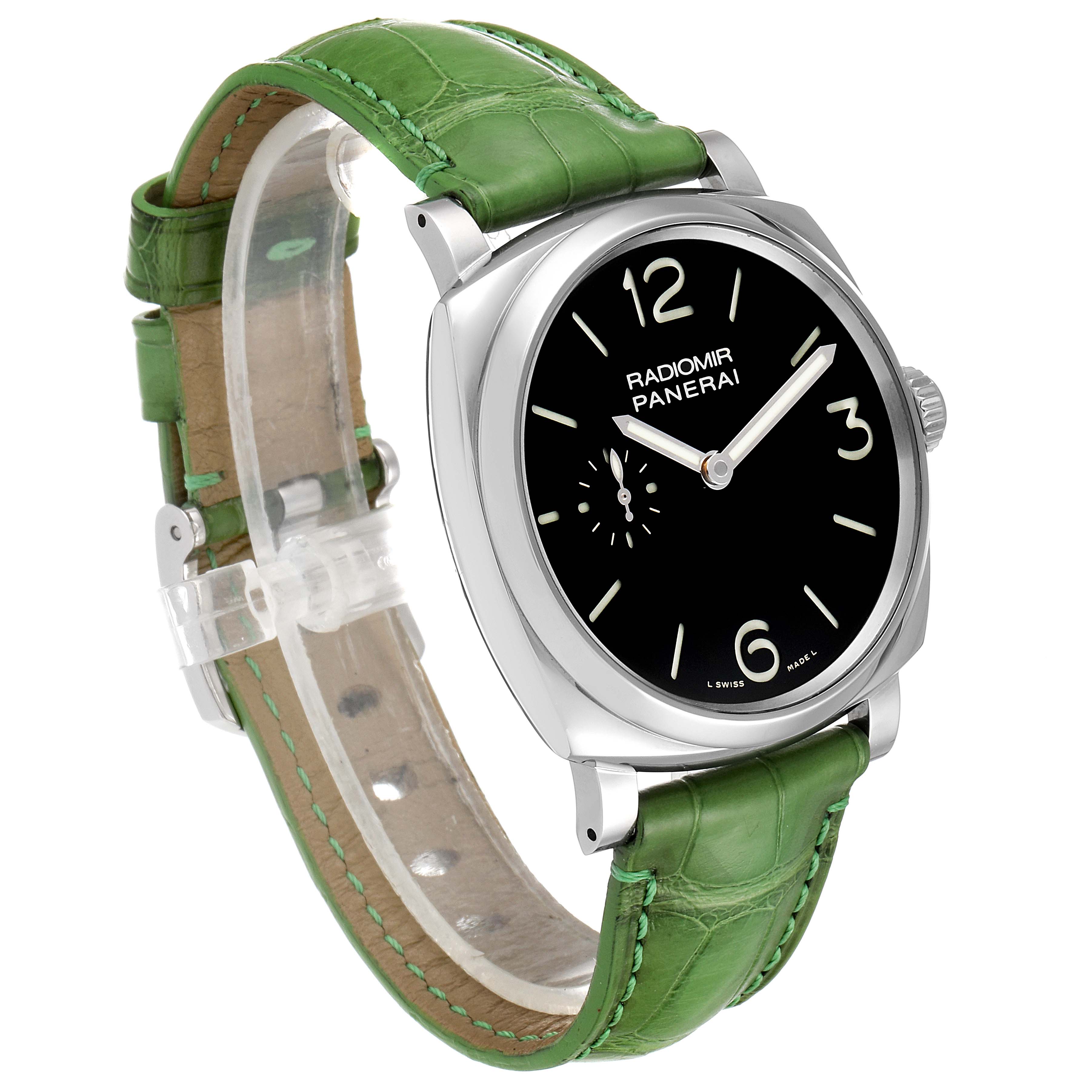 The image shows a Panerai Radiomir PAM00574 Men's Stainless Steel Black Dial PAM00574 Men's Stainless Steel Black Dial watch at an angled side view, highlighting its green strap and black dial.