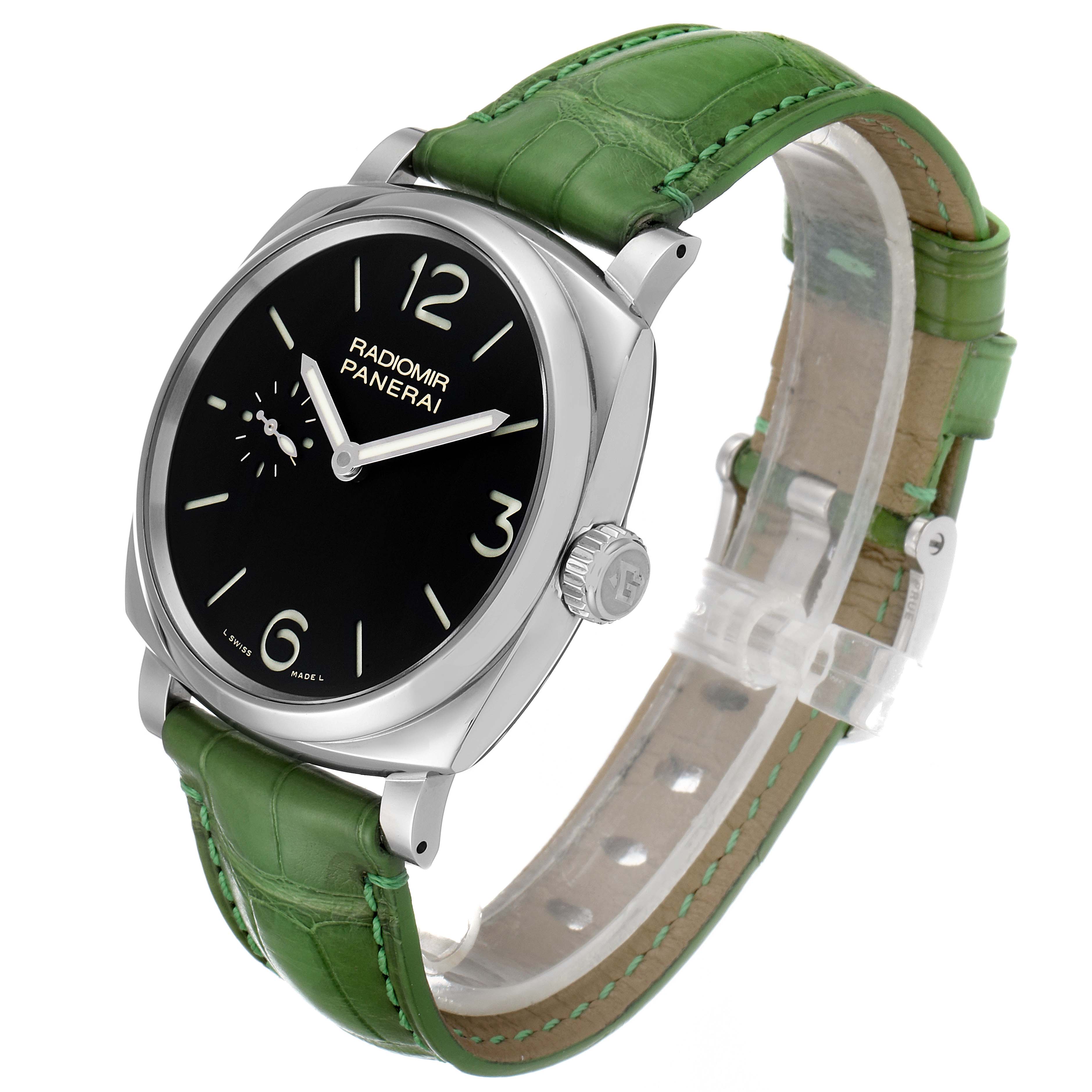 The Panerai Radiomir PAM00574 Men's Stainless Steel Black Dial PAM00574 Men's Stainless Steel Black Dial watch is shown at a slight front angle, displaying the dial, case, and green leather strap.