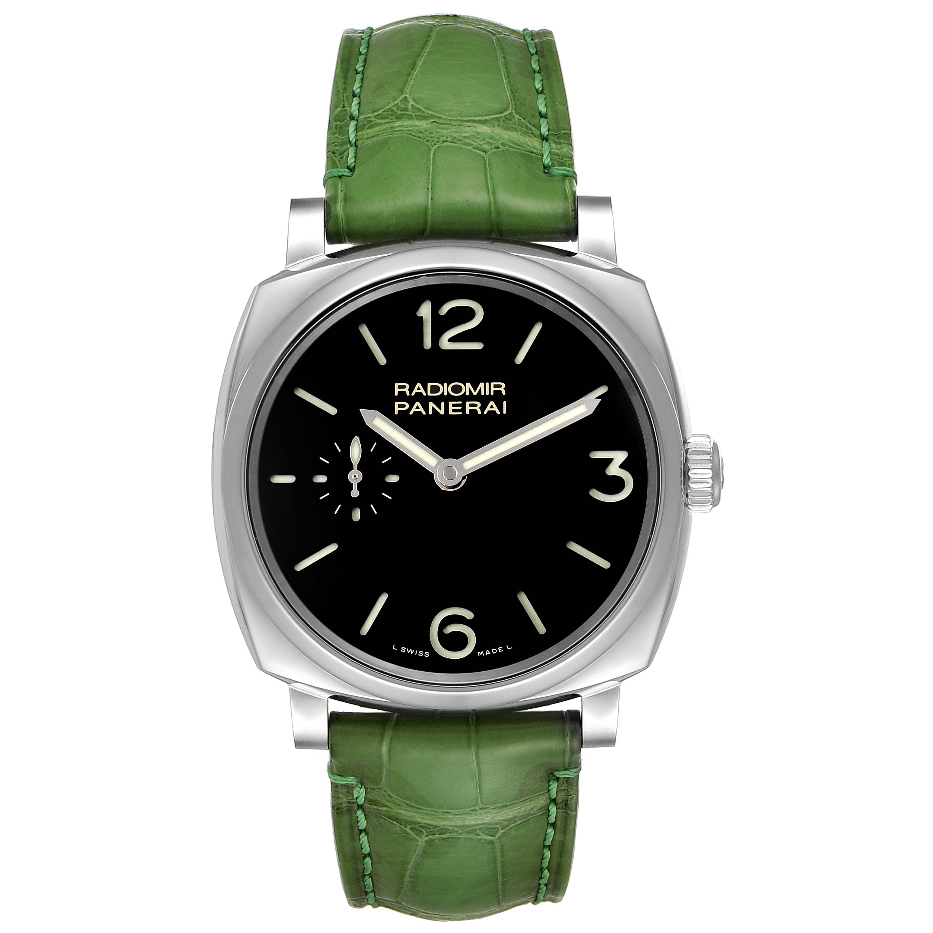 The image shows a front view of a Panerai Radiomir PAM00574 Men's Stainless Steel Black Dial PAM00574 Men's Stainless Steel Black Dial watch with a green strap and a black dial.