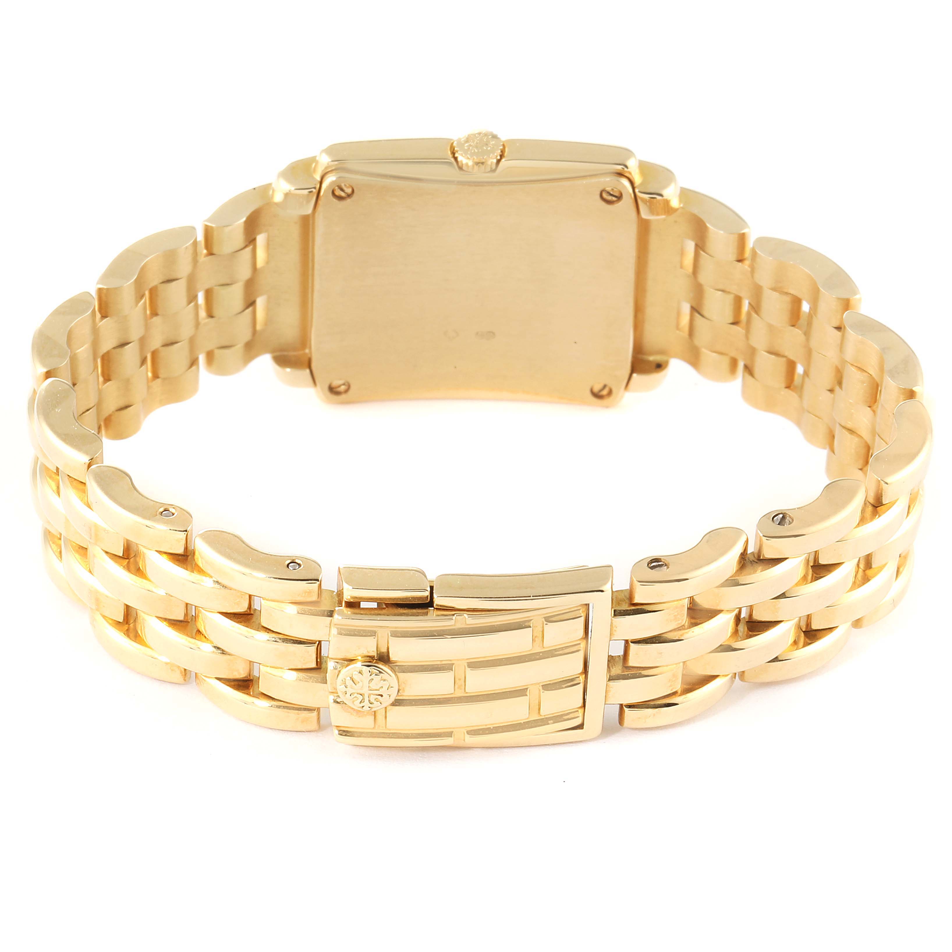 This image shows the back view of a Patek Philippe Gondolo 4824 Women's Yellow Gold White Dial 4824 Women's Yellow Gold White Dial watch, focusing on the caseback and bracelet with the clasp.