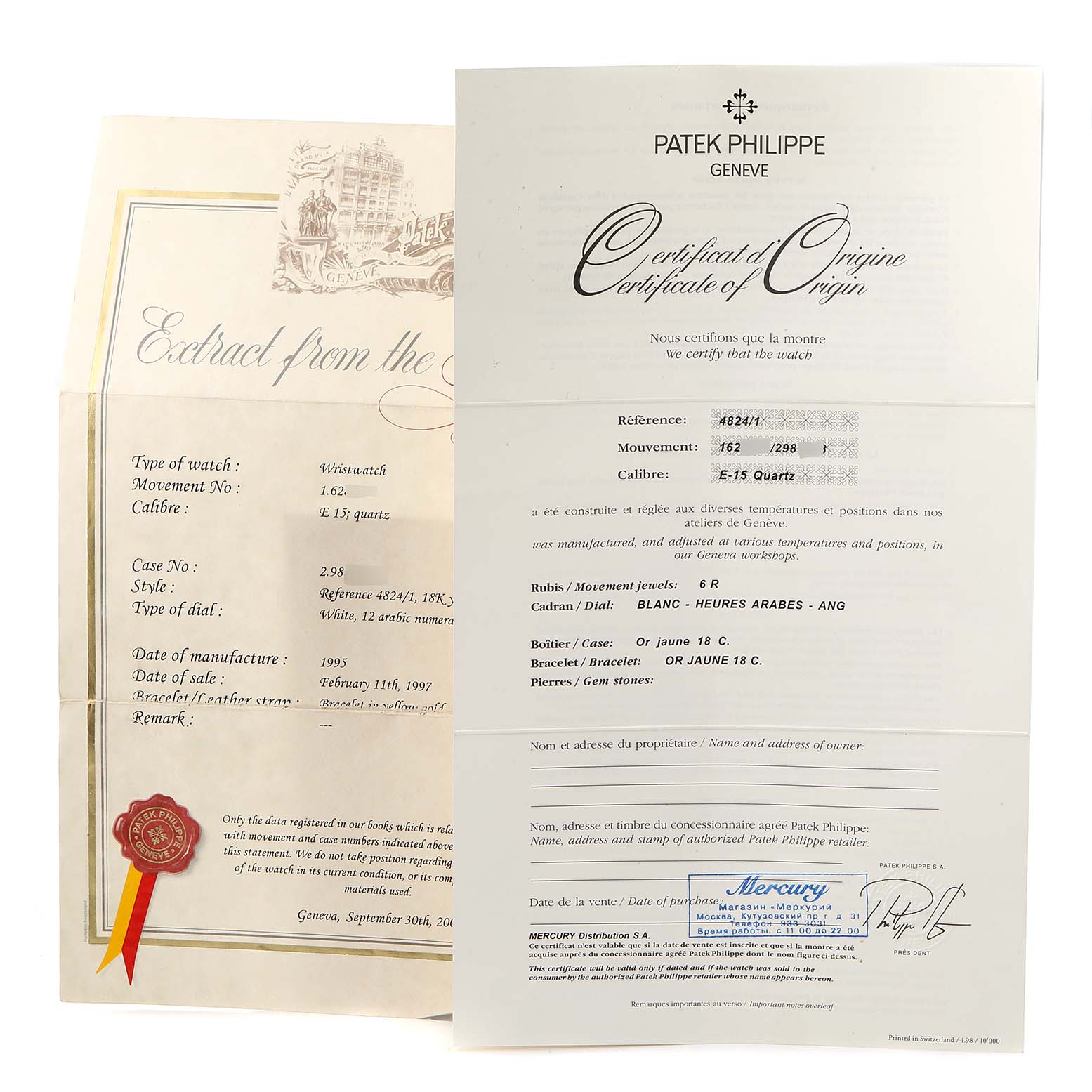 The image shows documents, including the certificate of origin, for a Patek Philippe Gondolo 4824 Women's Yellow Gold White Dial 4824 Women's Yellow Gold White Dial watch.