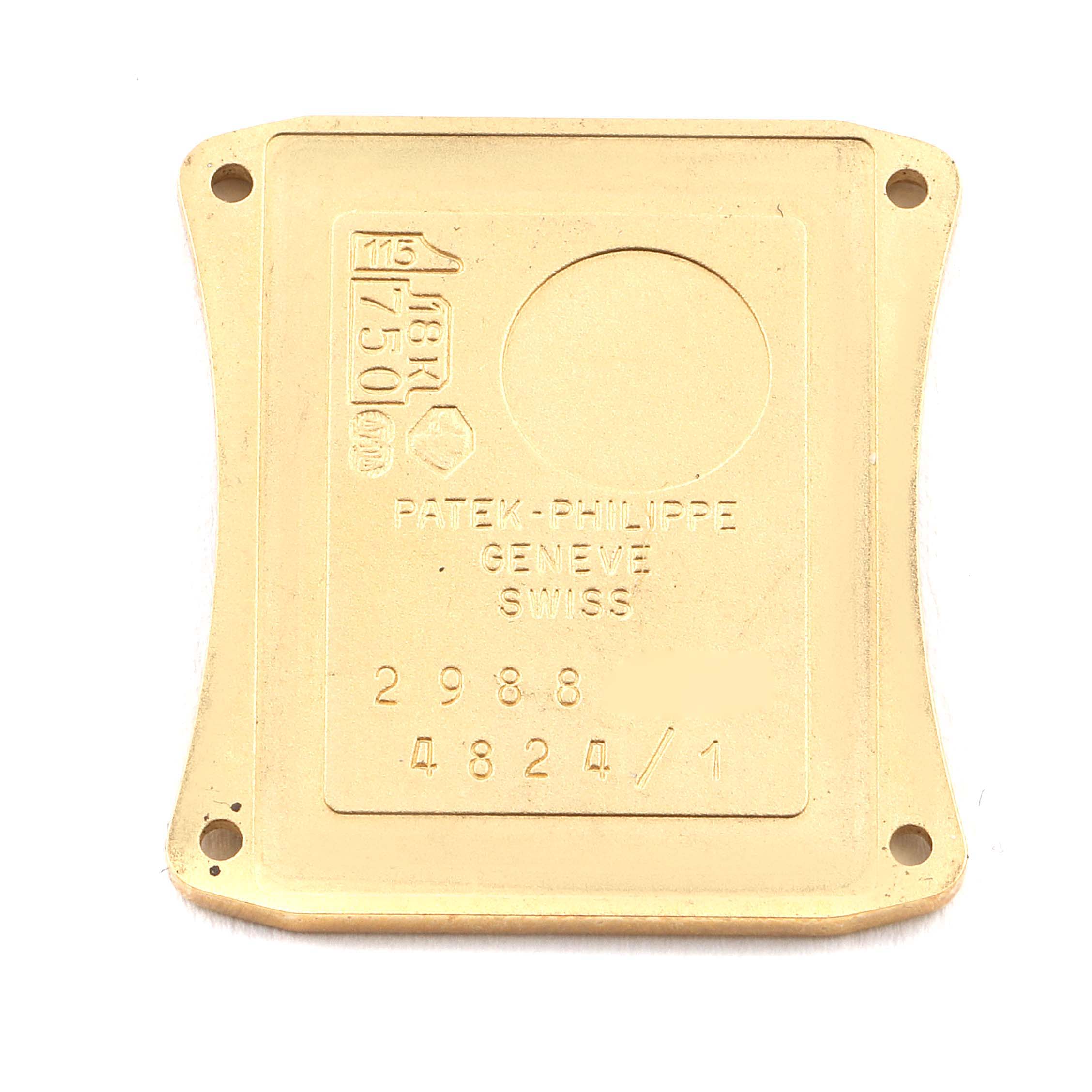 This image shows the case back of a Patek Philippe Gondolo 4824 Women's Yellow Gold White Dial 4824 Women's Yellow Gold White Dial model watch with engraving details and hallmark.