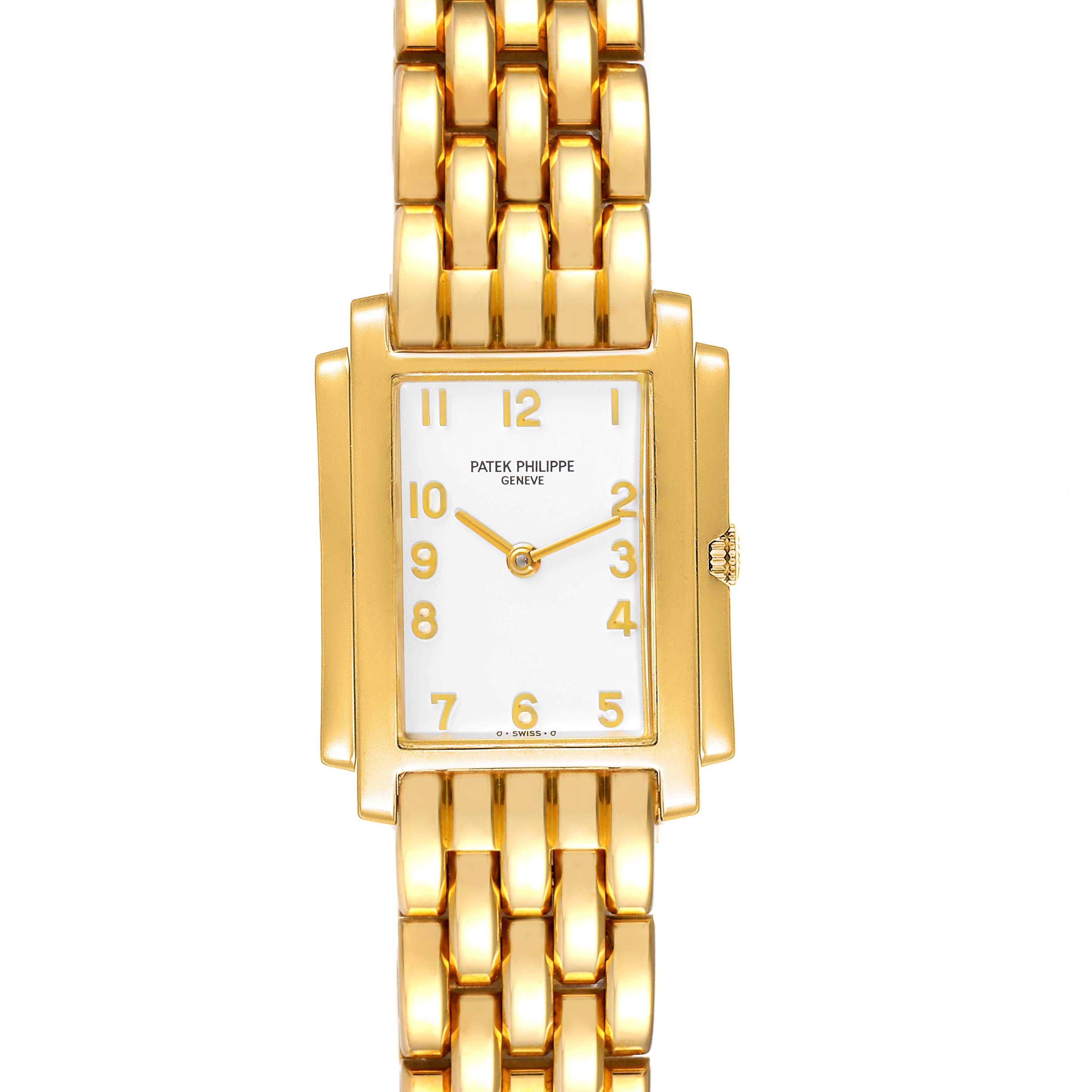 The image shows a frontal view of the Patek Philippe Gondolo 4824 Women's Yellow Gold White Dial 4824 Women's Yellow Gold White Dial watch, highlighting its gold case, white dial, and gold bracelet.